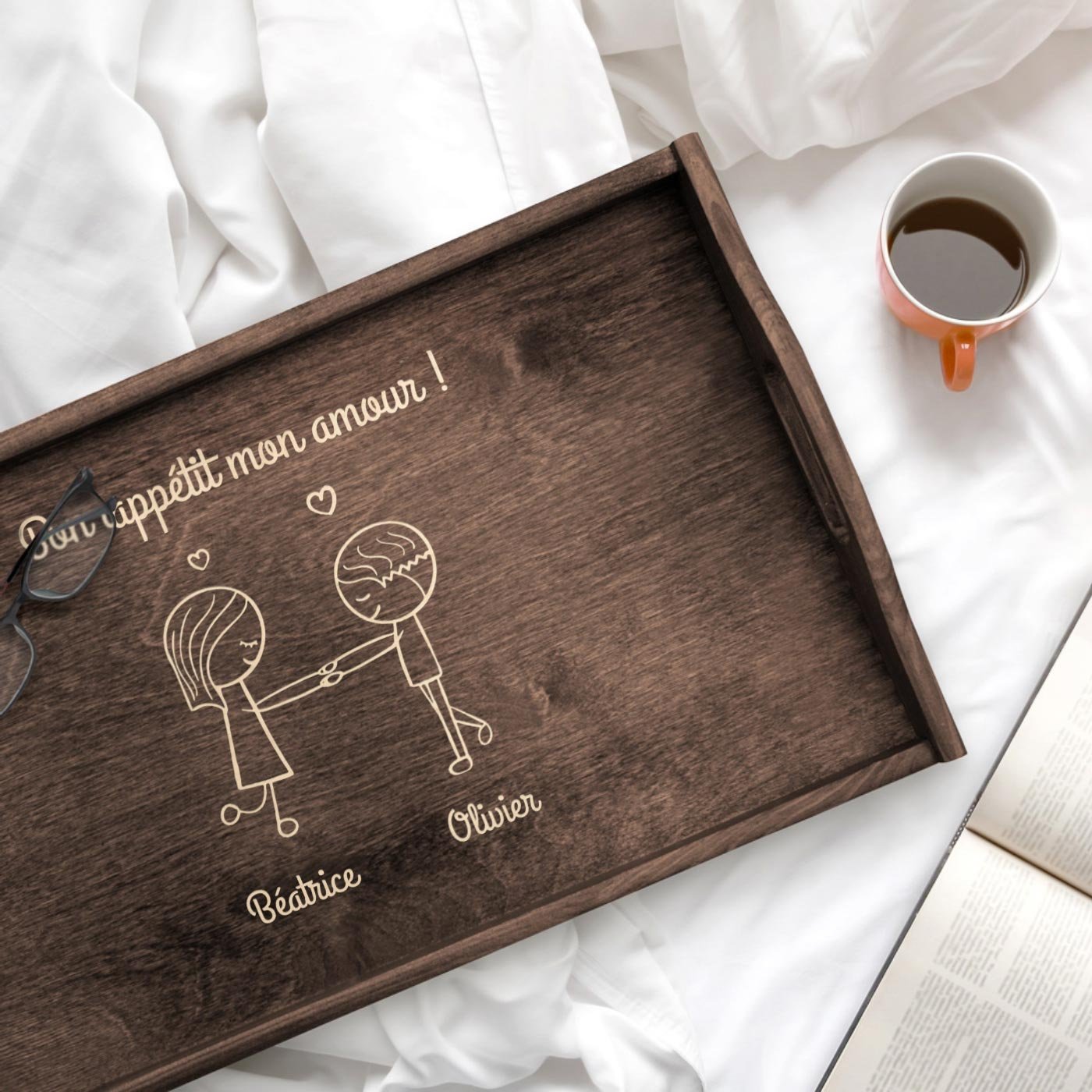 Bandeja de cama personalizada Murrano con grabado para parejas