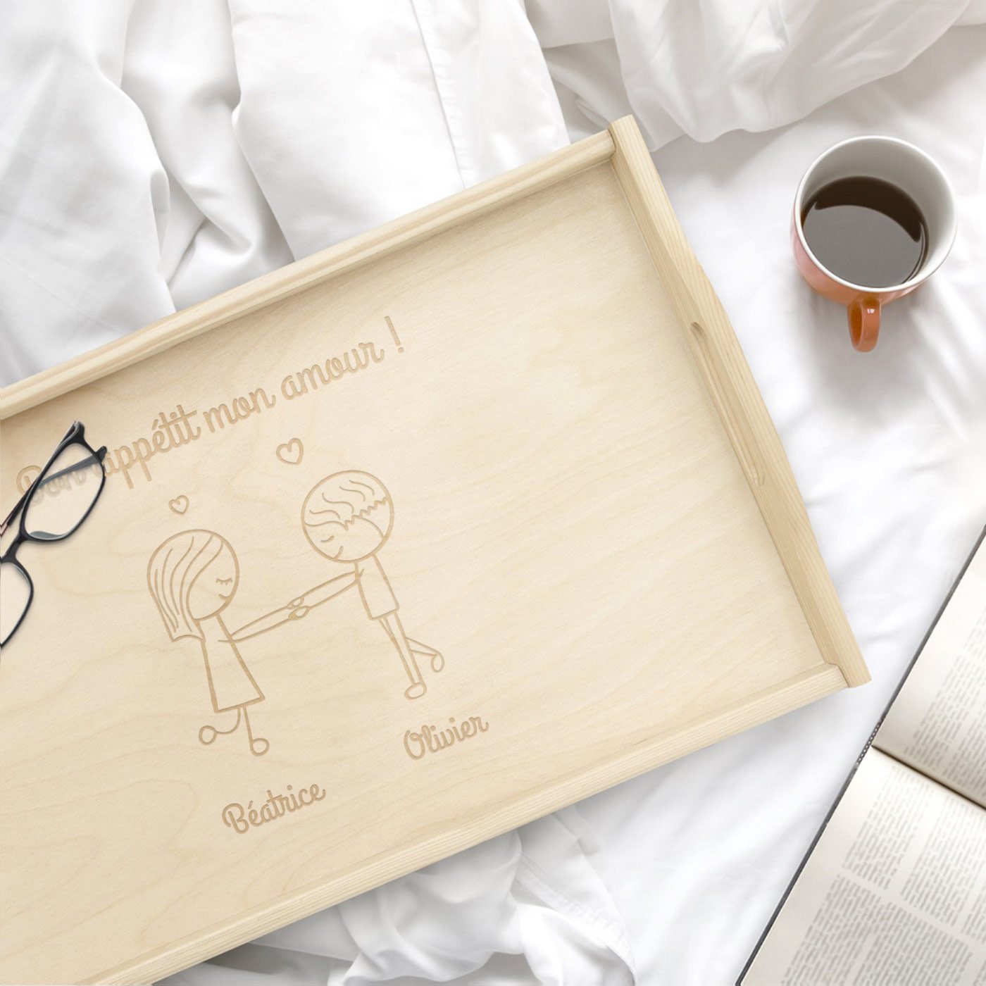 Bandera de cama de madera natural grabada para ella y él de Murrano