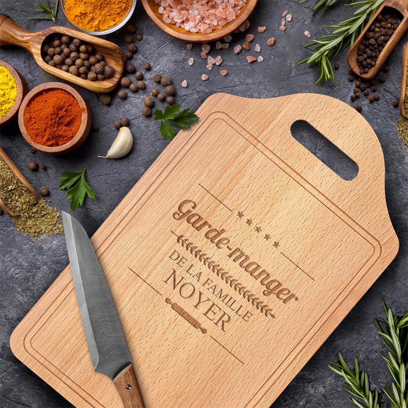 Planche à découper en bois Murrano avec gravure pour une crémaillère