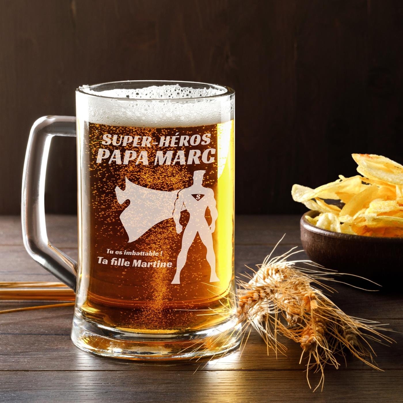 Taza de cerveza personalizada Murrano para papá superhéroe