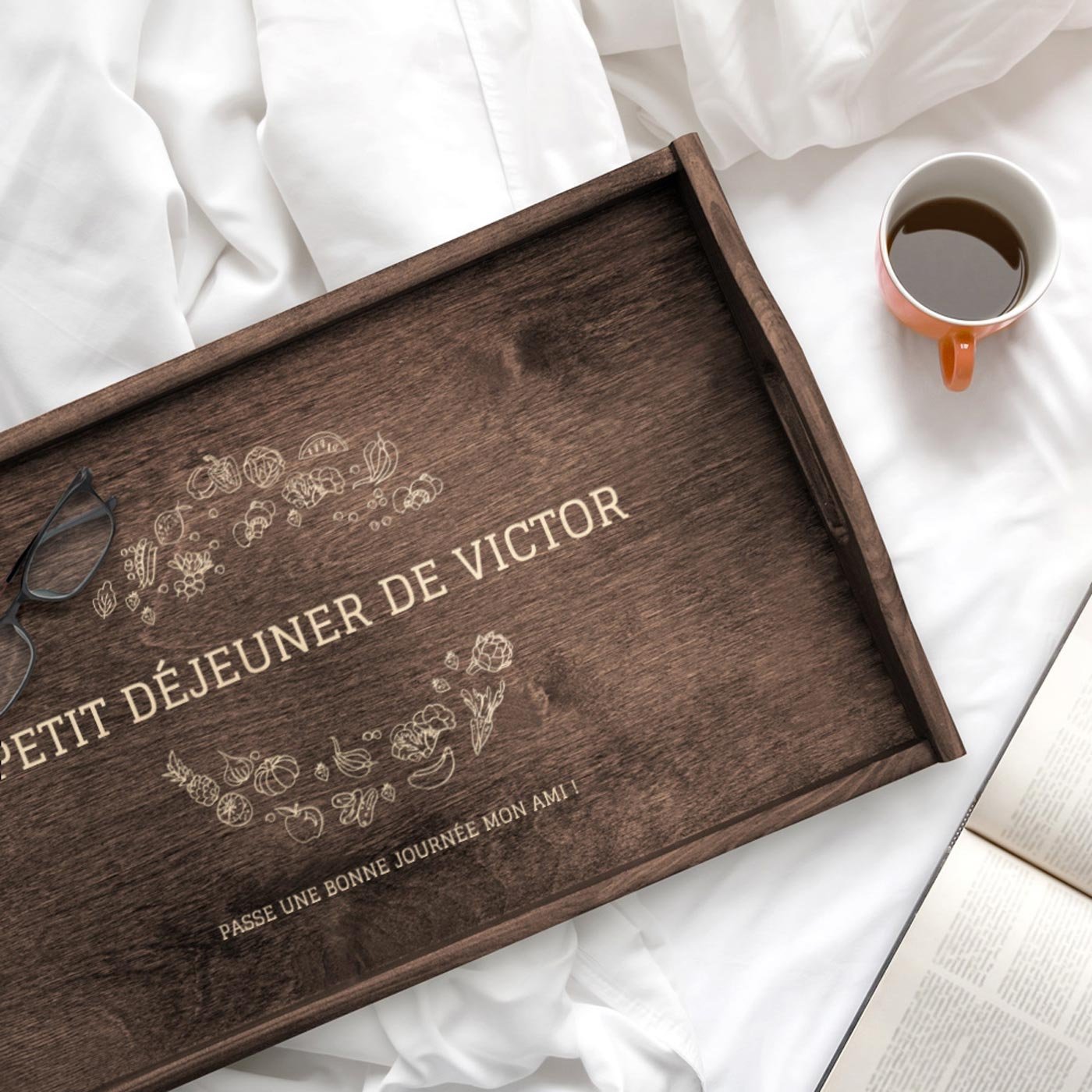 Bandeja de cama plegable de madera personalizada Murrano con grabado
