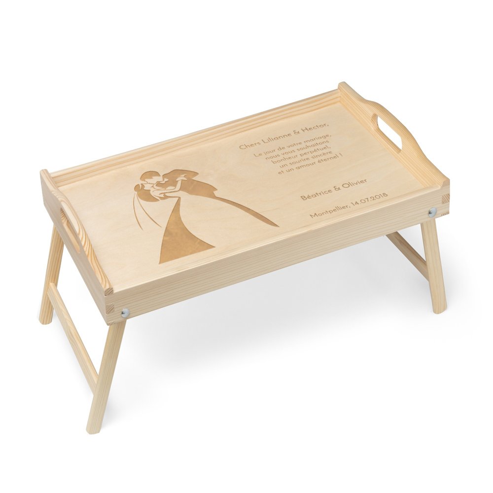 Bandeja de cama de madera natural grabada Murrano para pareja