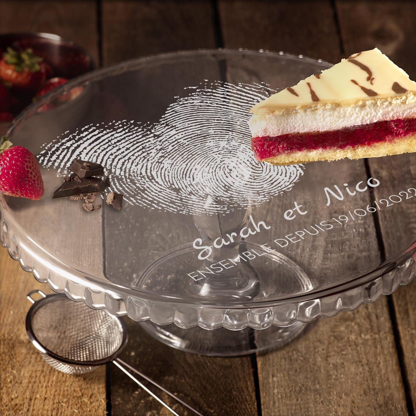 Présentoir à gâteau en verre Murrano avec gravure personnalisée pour elle et lui
