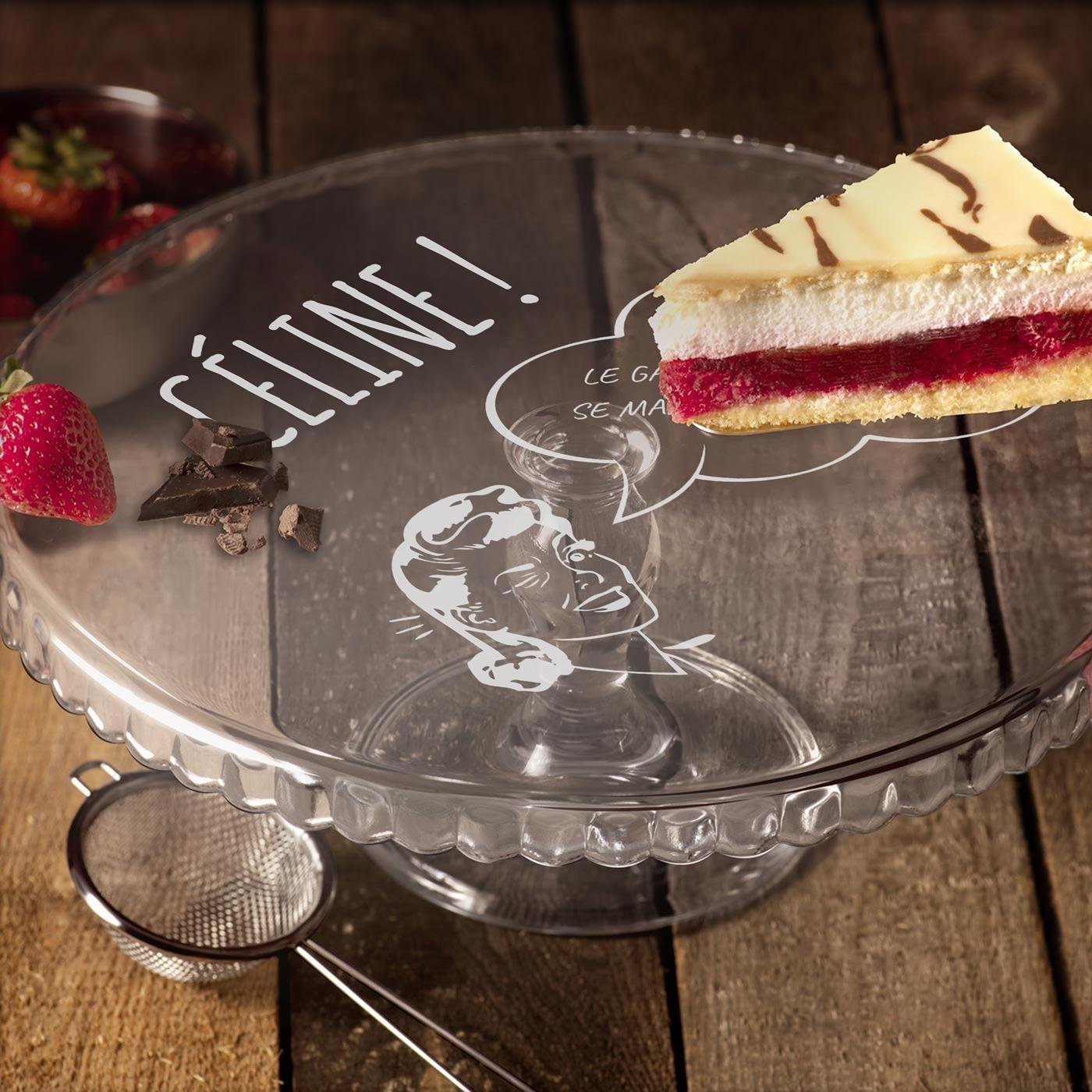 Présentoir à gâteau sur pied en verre personnalisé Murrano pour l'anniversaire d'une amie