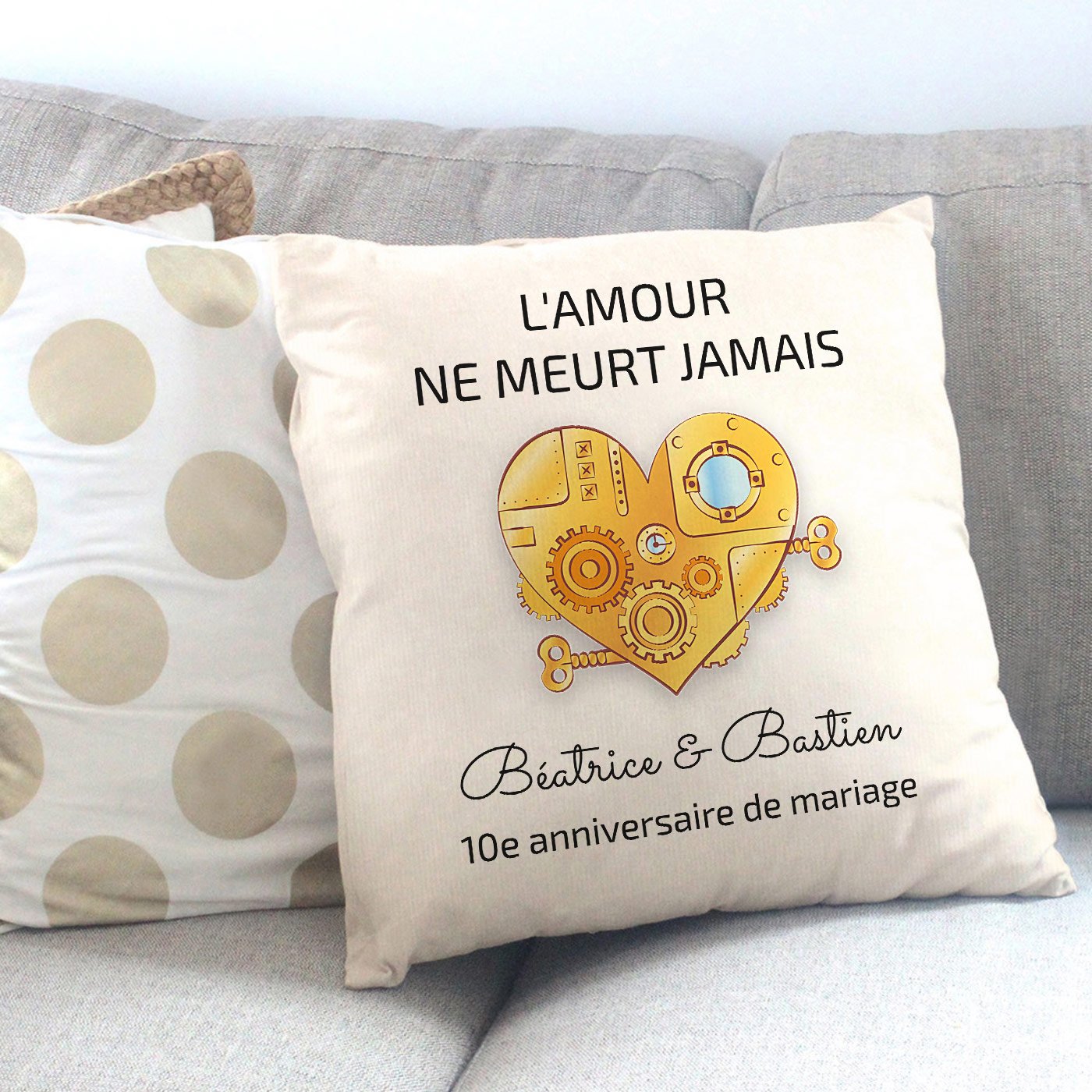 Cushión de Murrano de algodón de 45x45 cm con impresión personalizada para aniversario de boda (10 años)