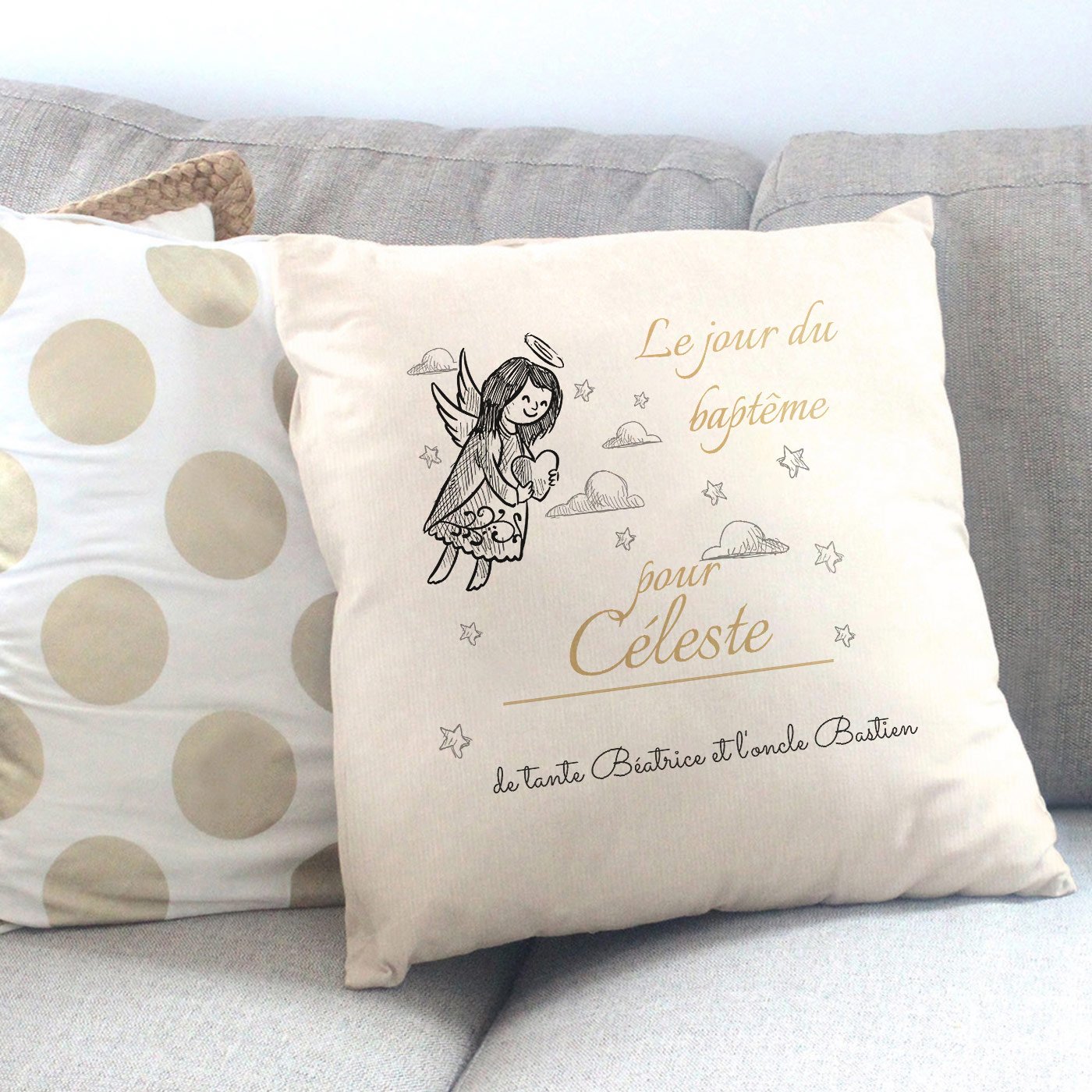 Almohada de algodón Murrano con impresión para bautizo