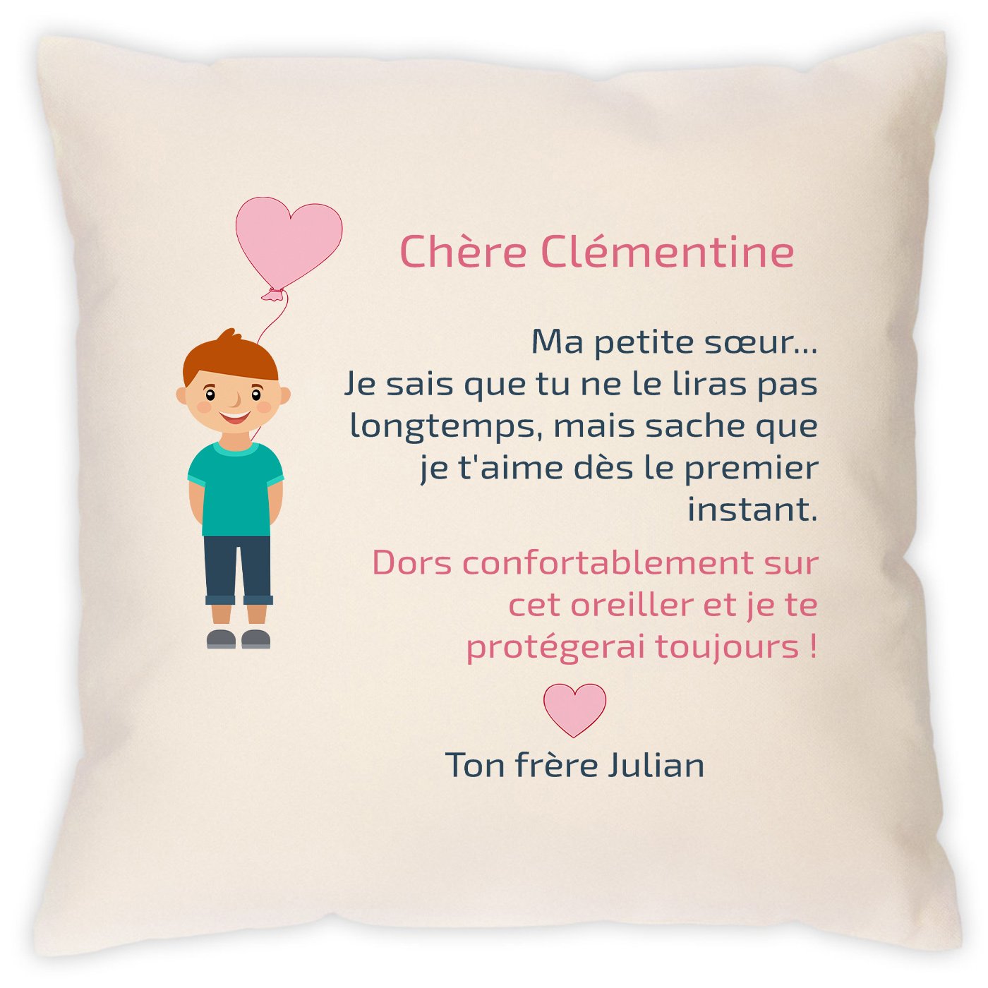 Almohada personalizada para el nacimiento de una hermana