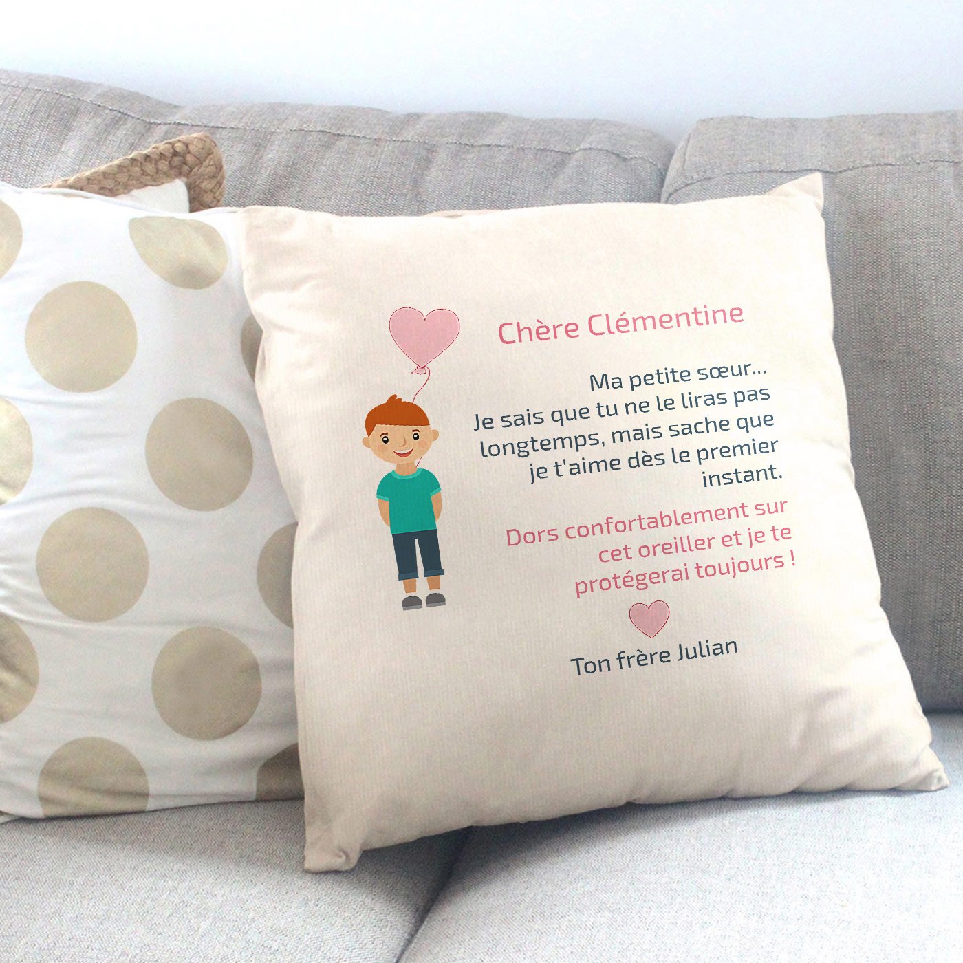 Almohada personalizada para el nacimiento de una hermana