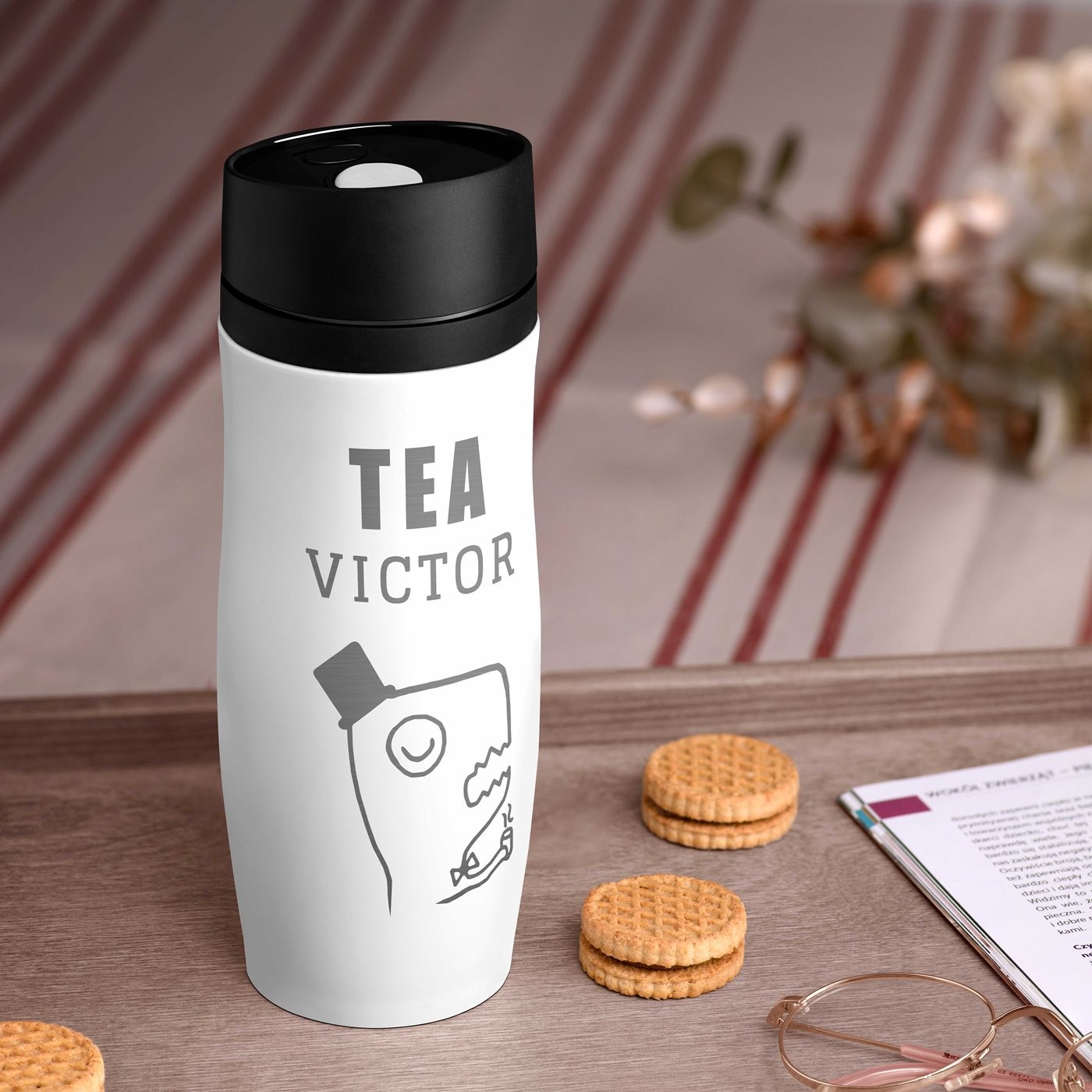 Taza Isolante Murrano - Blanca con Grabado y Tapón Quick-Press