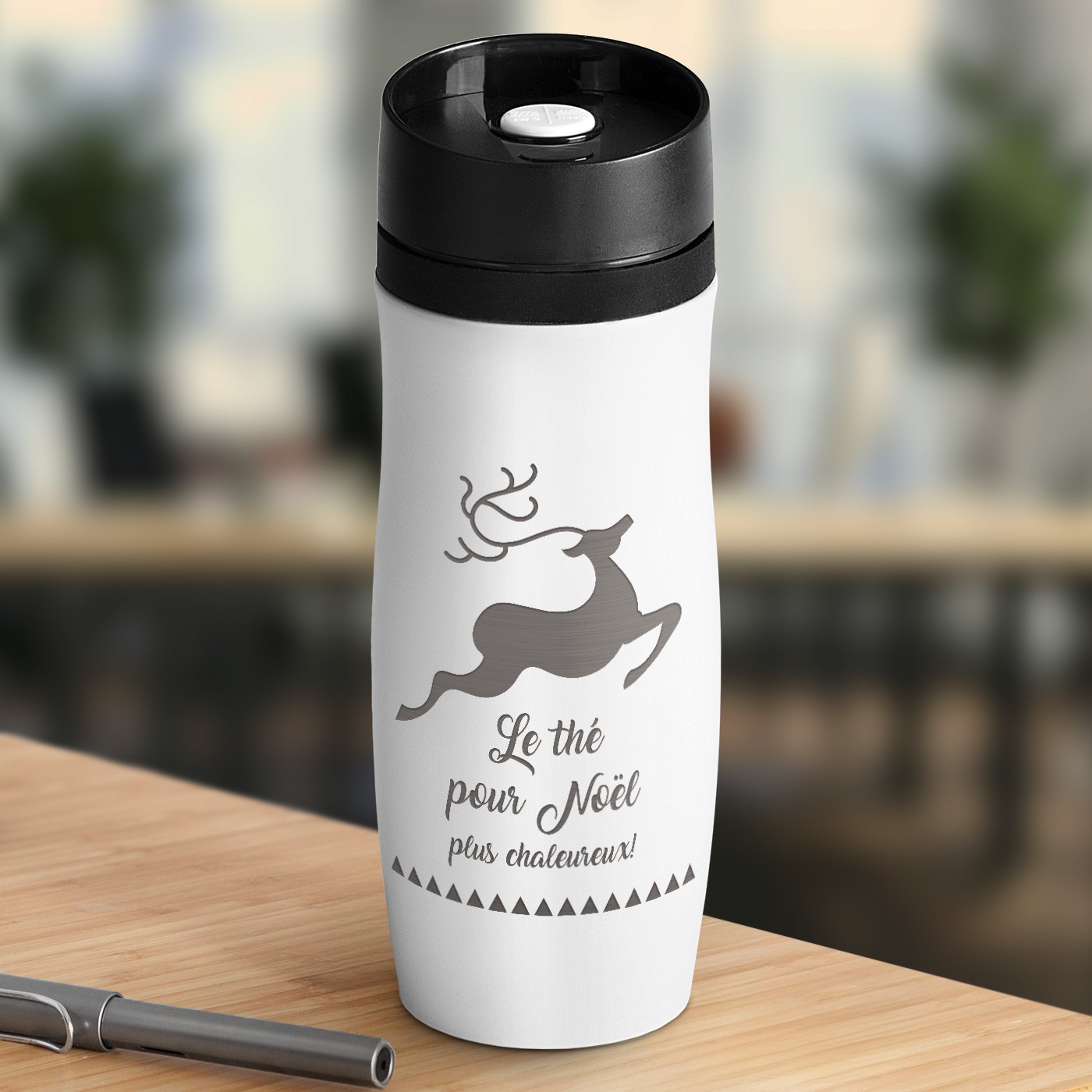 Taza termica blanca Murrano con grabado personalizado y tapa de presión rápida