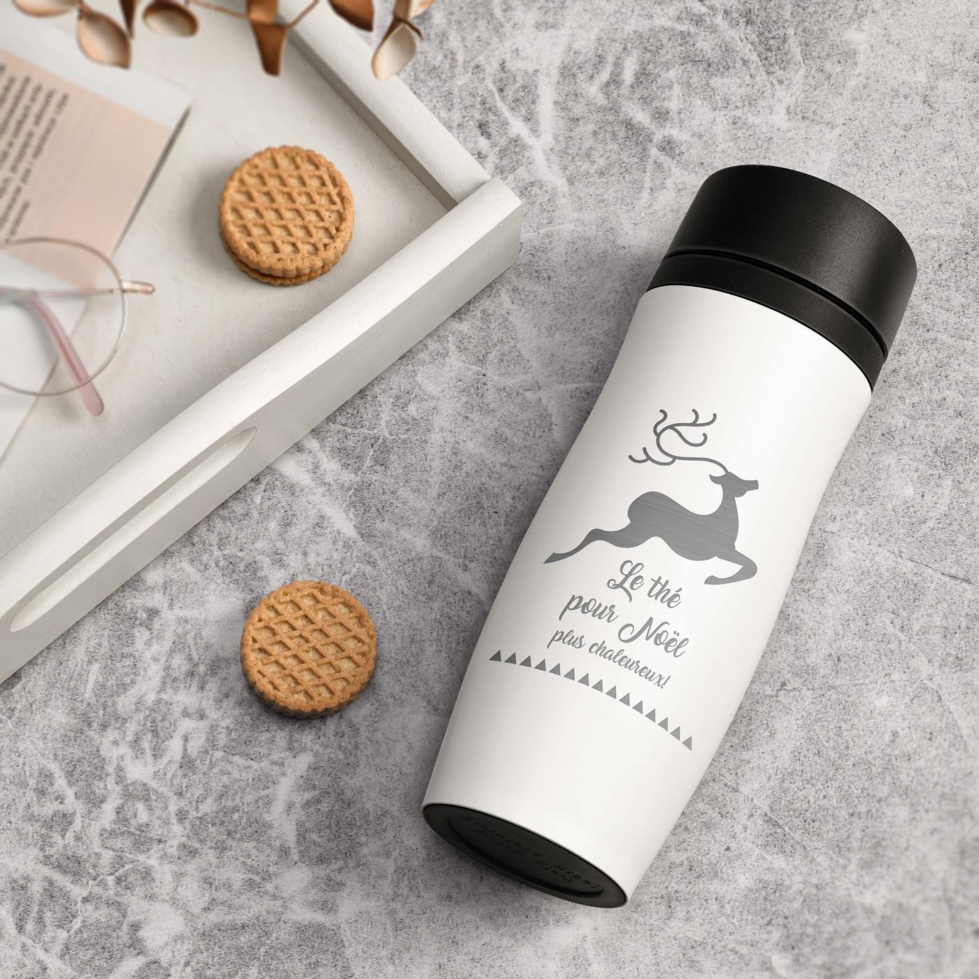 Taza termica blanca Murrano con grabado personalizado y tapa de presión rápida