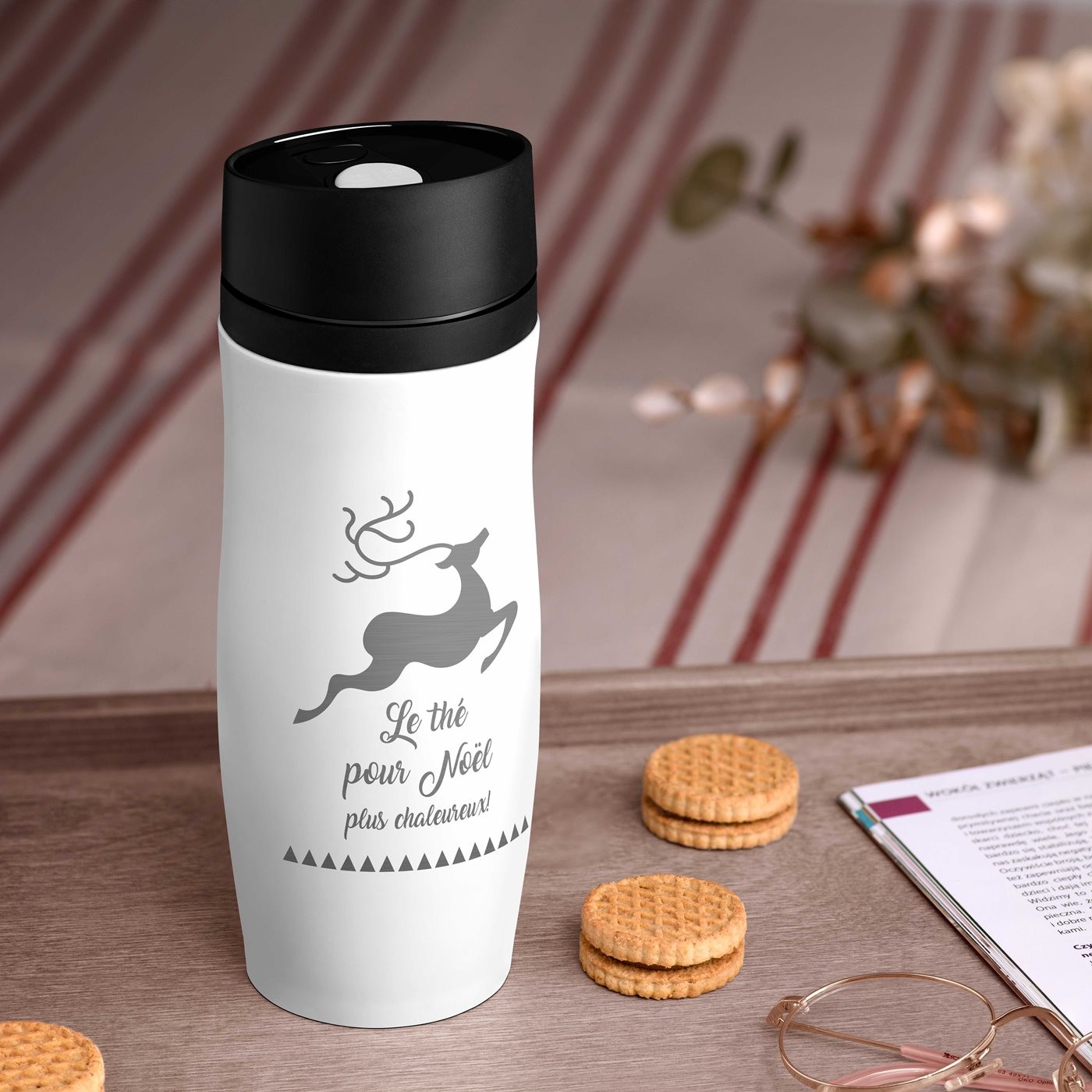 Taza termica blanca Murrano con grabado personalizado y tapa de presión rápida