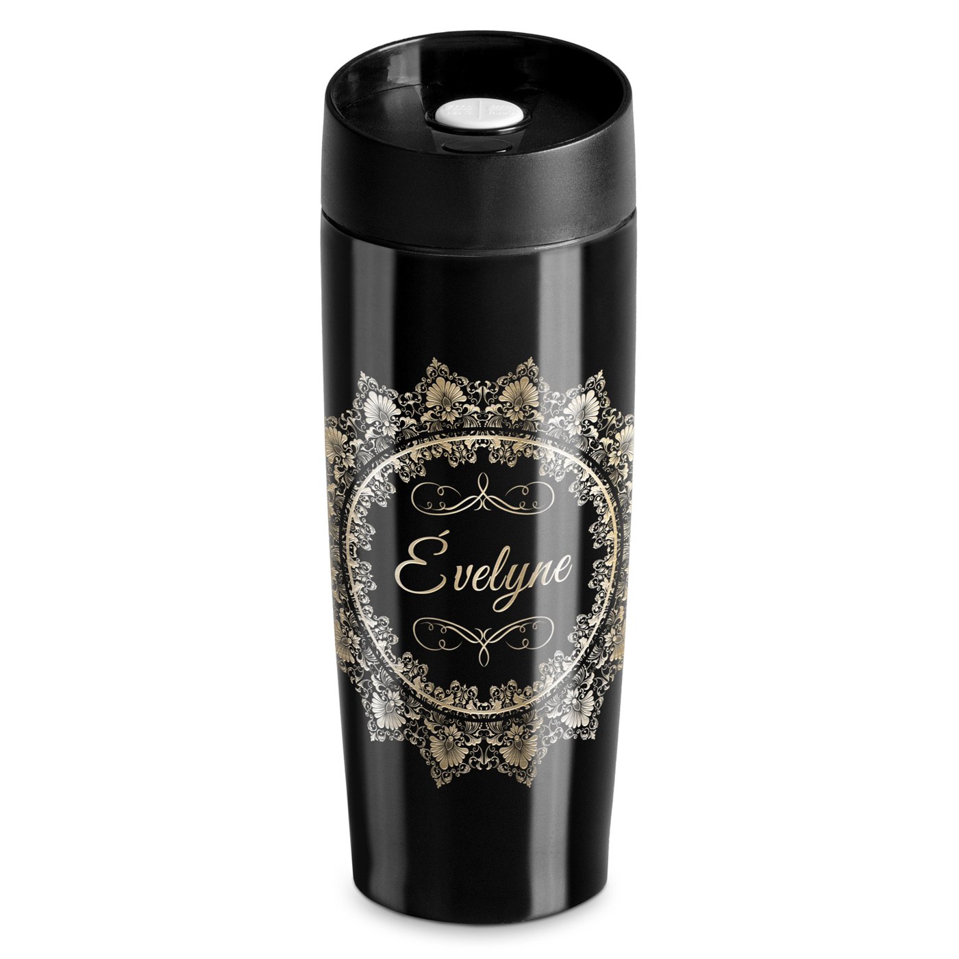 Taza Isolante Murrano - Negra con Grabado y Tapón Rápido Quick-Press