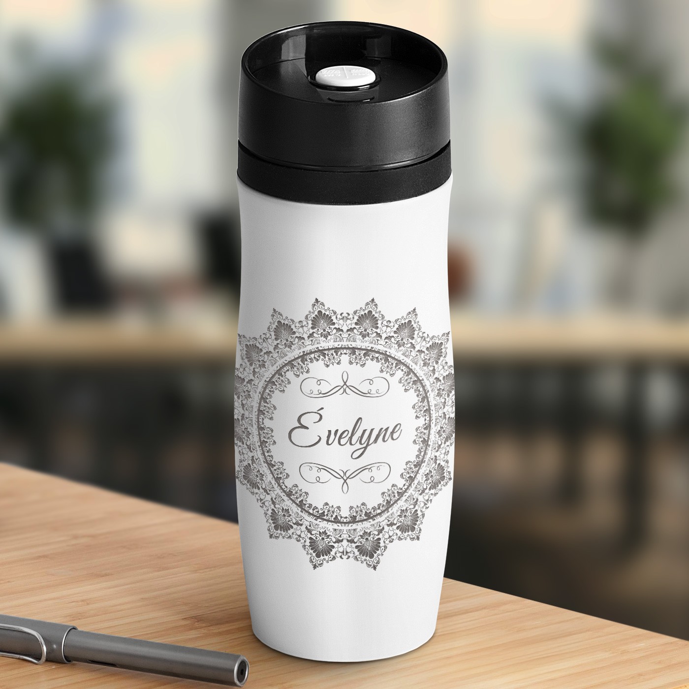 Taza de viaje Murrano - Blanca personalizada con tapa Quick-Press