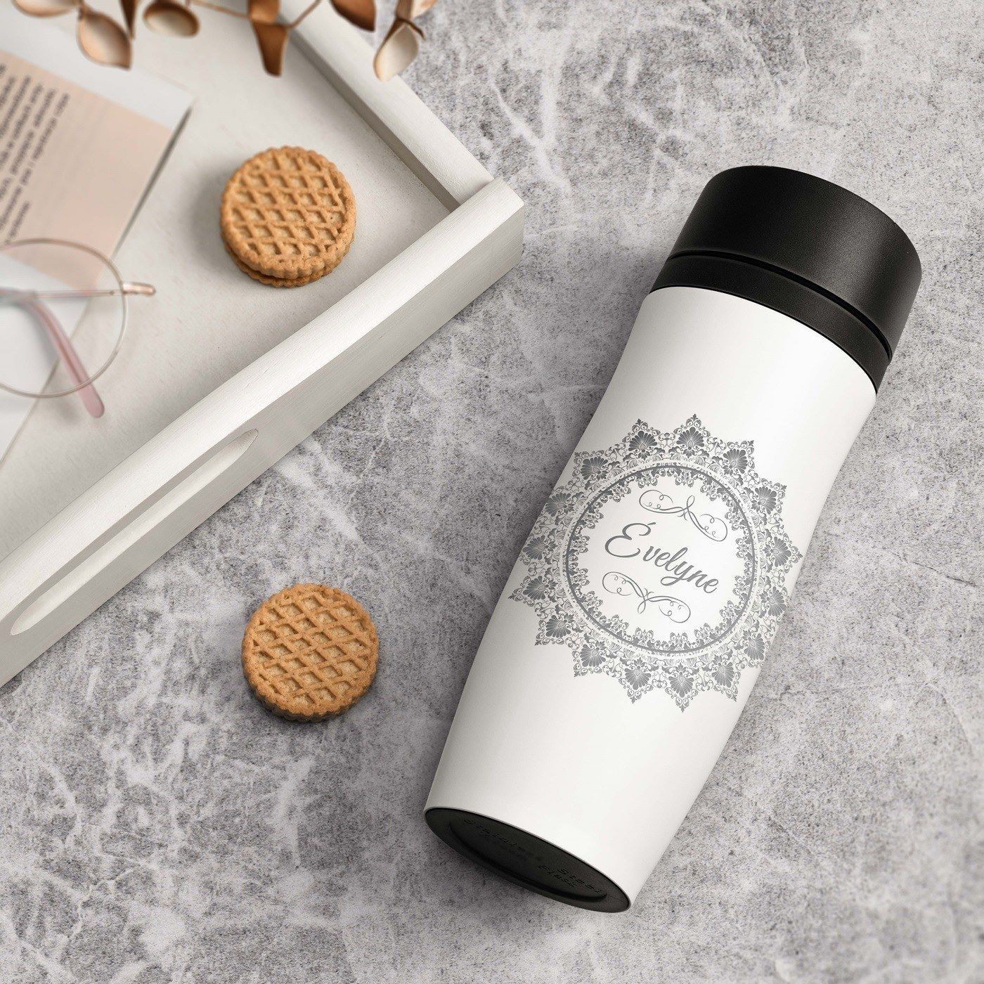 Taza de viaje Murrano - Blanca personalizada con tapa Quick-Press