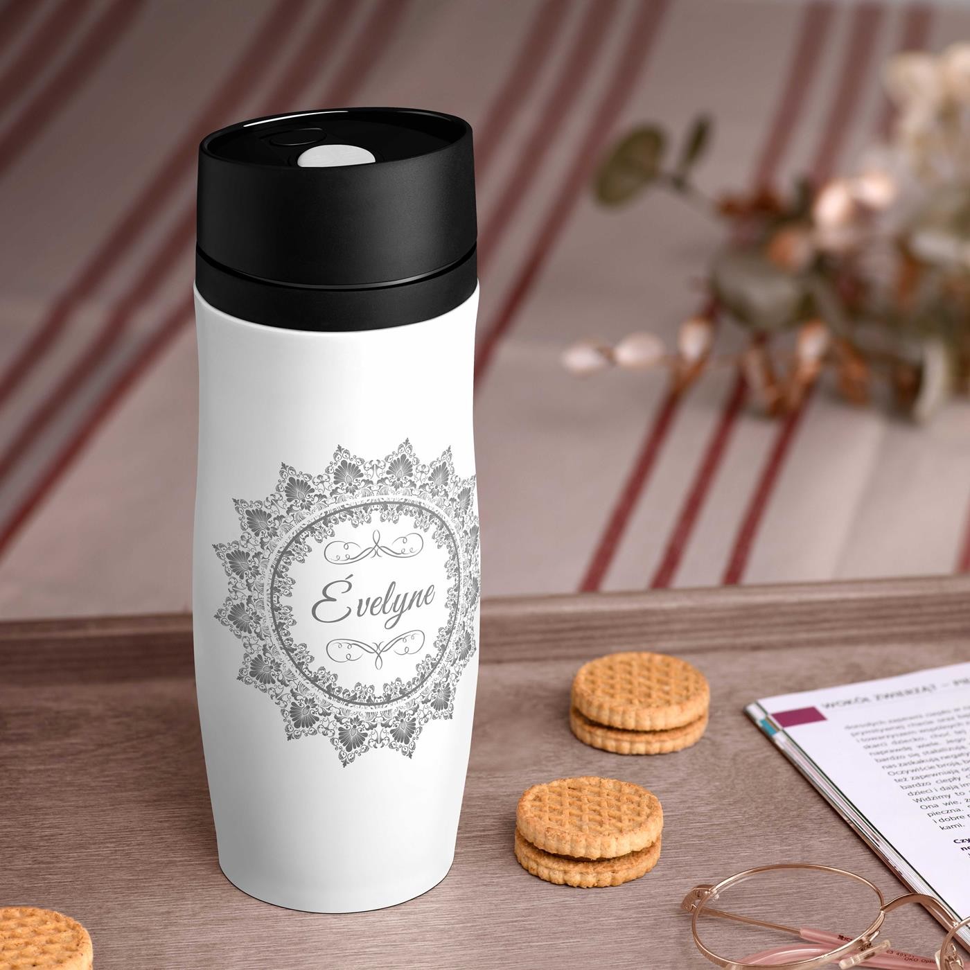 Taza de viaje Murrano - Blanca personalizada con tapa Quick-Press