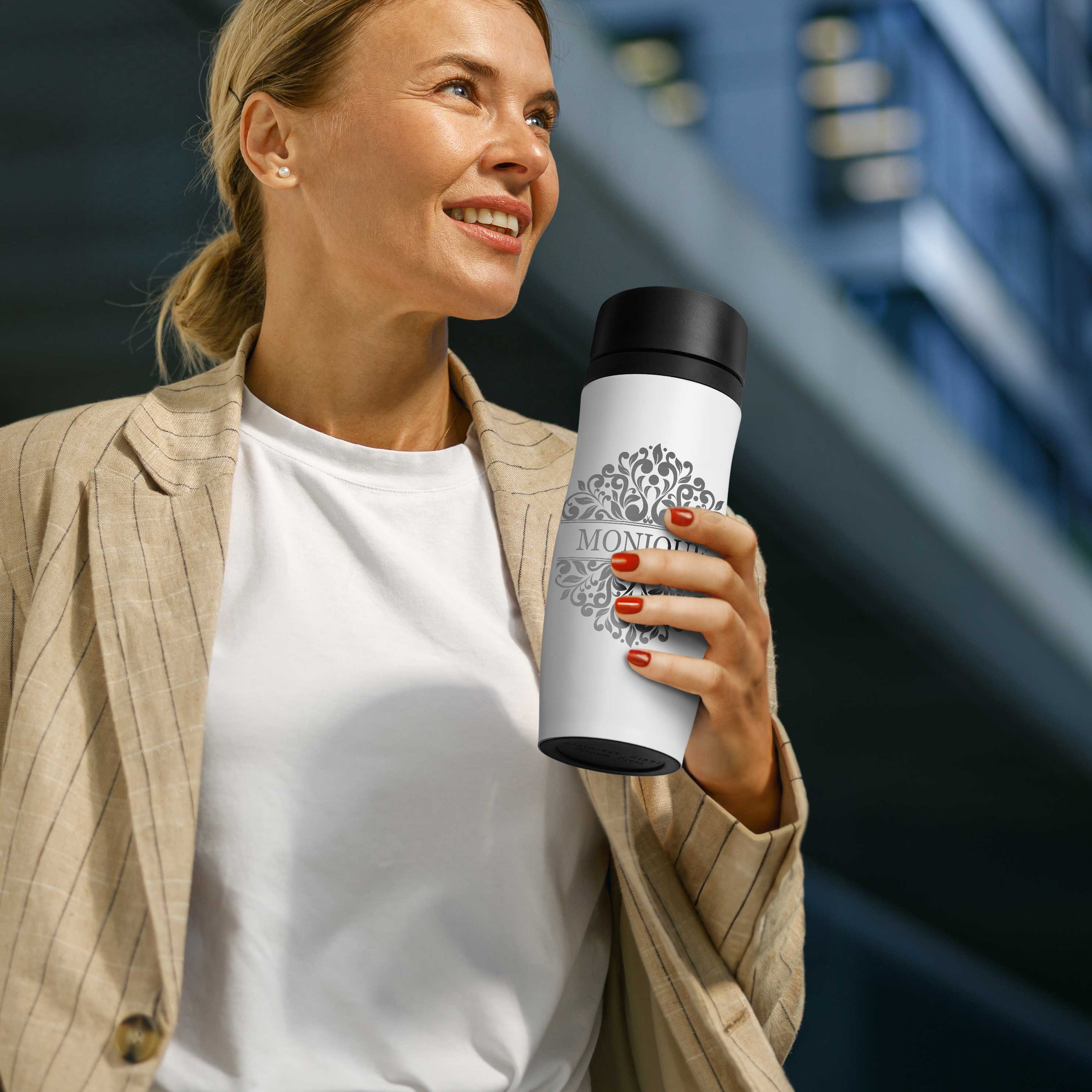 Taza térmica Murrano blanca personalizada con cierre Quick-Press para el cumpleaños de la abuela