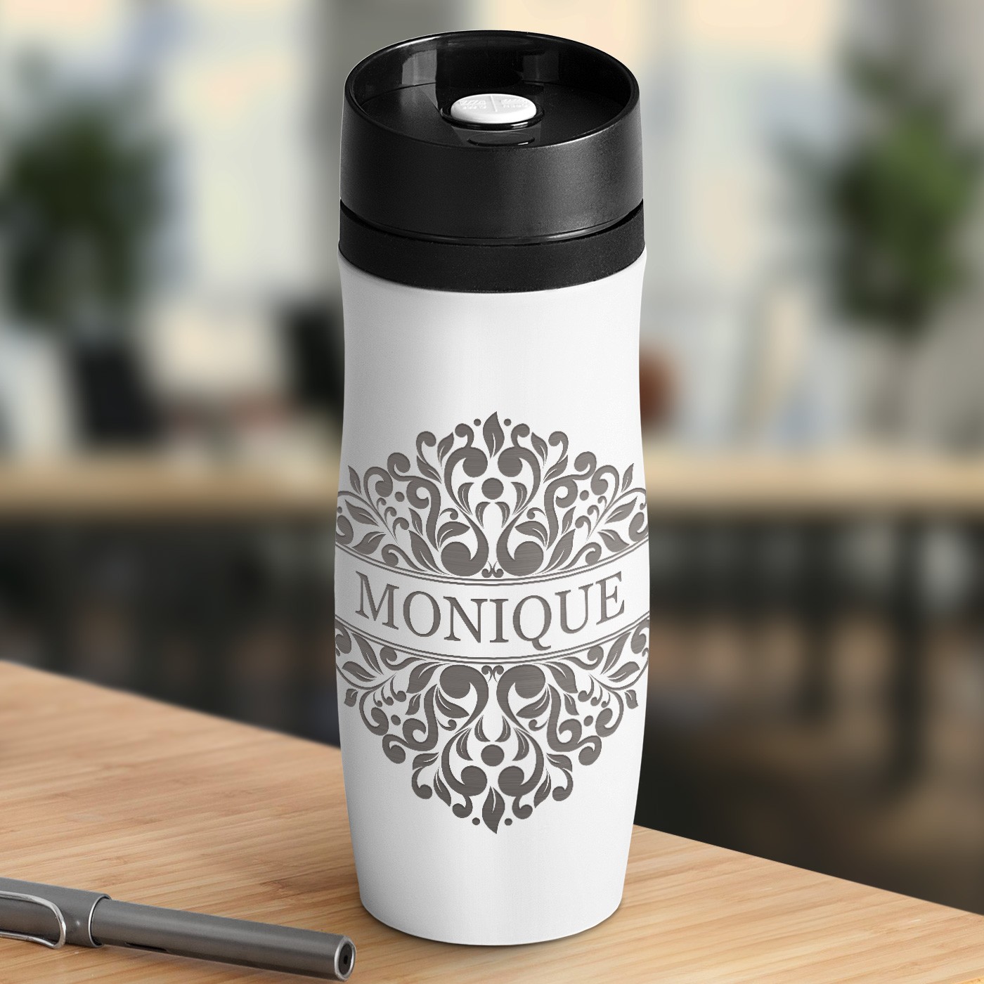 Taza térmica Murrano blanca personalizada con cierre Quick-Press para el cumpleaños de la abuela