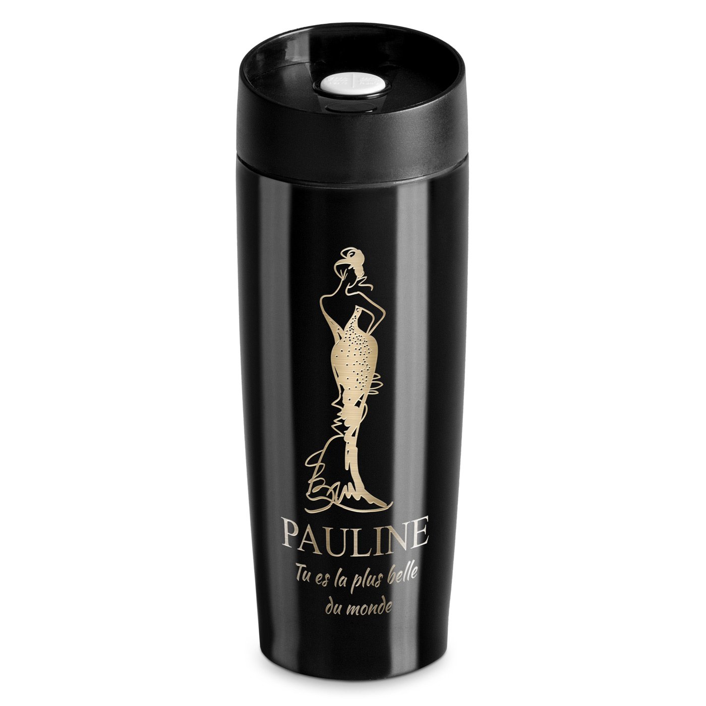 Taza de viaje Murrano - Negra con grabado y tapa Quick-Press