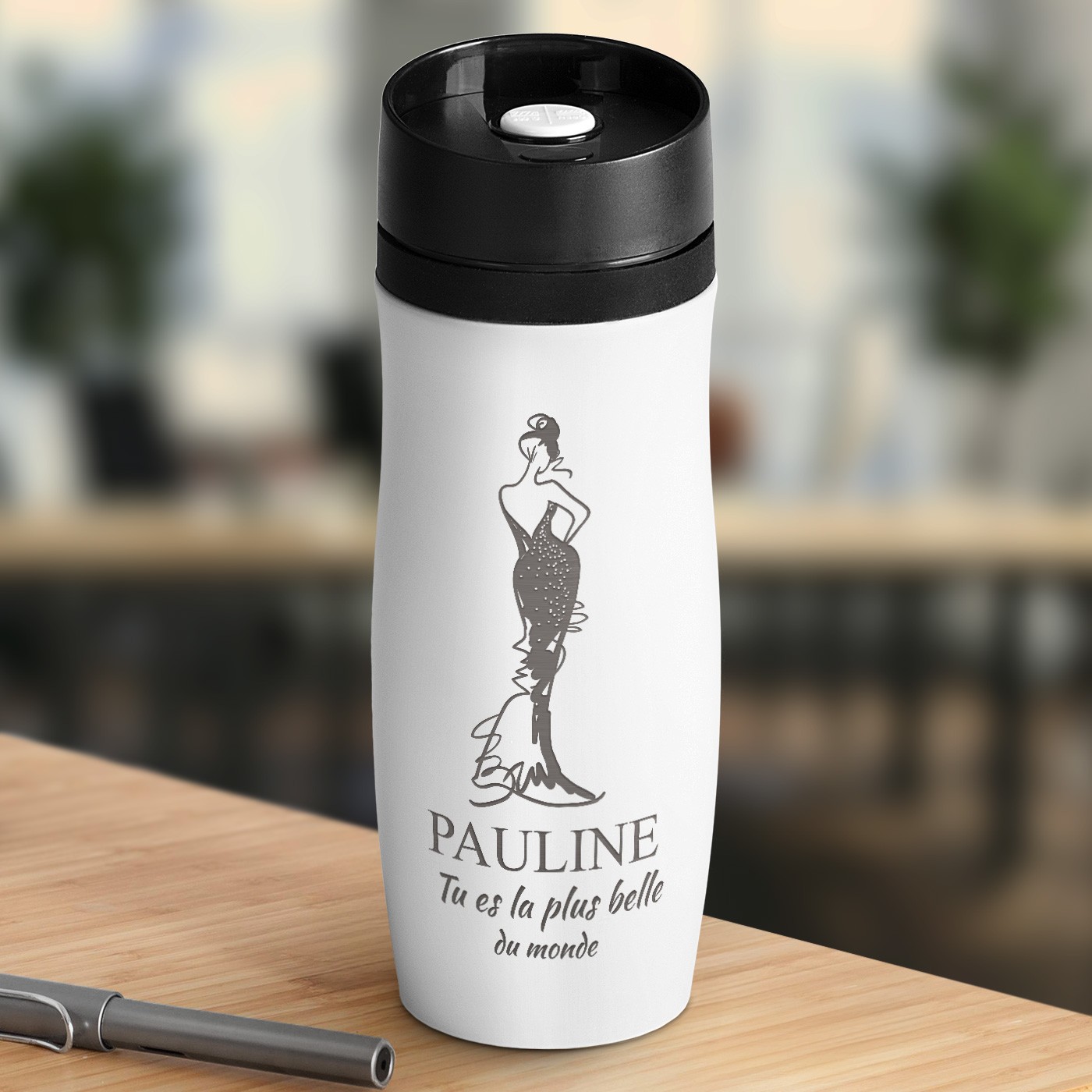 Taza de viaje blanca personalizada Murrano con tapa Quick-Press