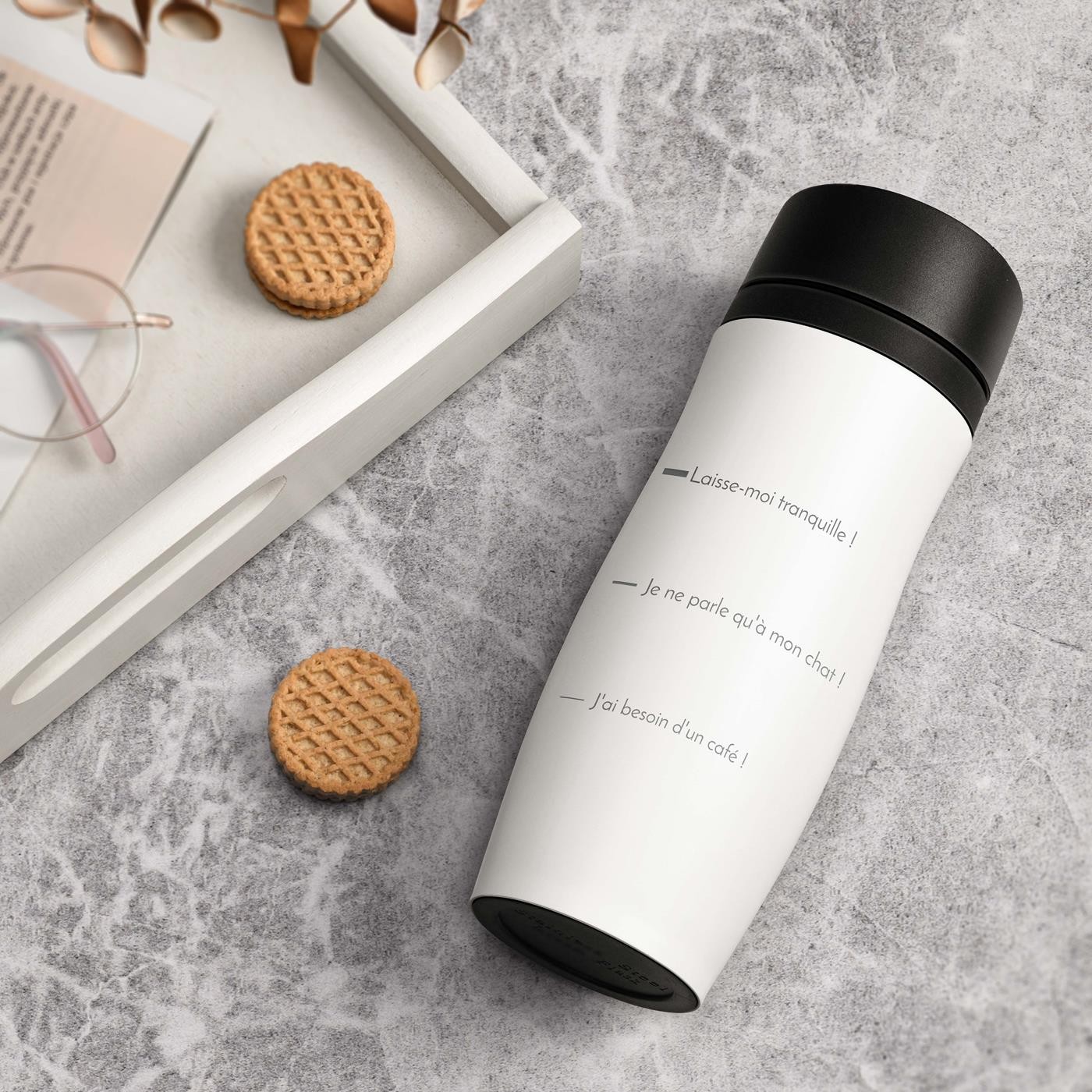 Taza Isotérmica Murrano - Blanca con Grabado Personalizado y Tapón de Presión Rápida