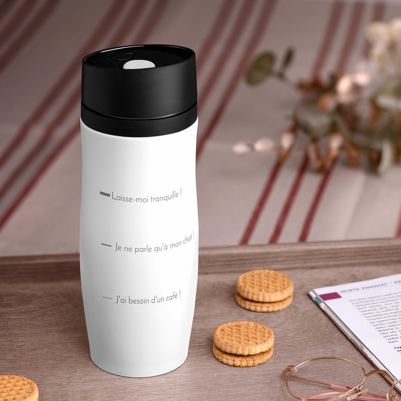 Taza Isotérmica Murrano - Blanca con Grabado Personalizado y Tapón de Presión Rápida