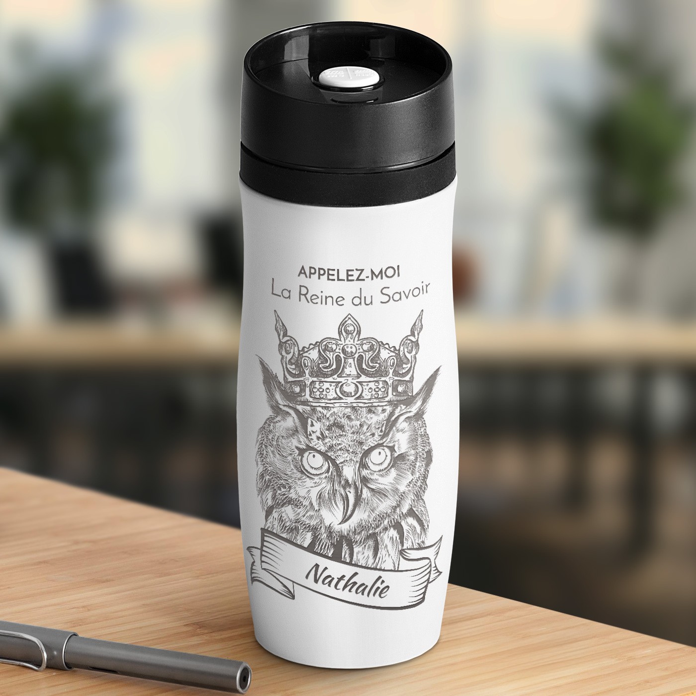 Taza de viaje Murrano - Blanco con grabado y tapa Quick-Press
