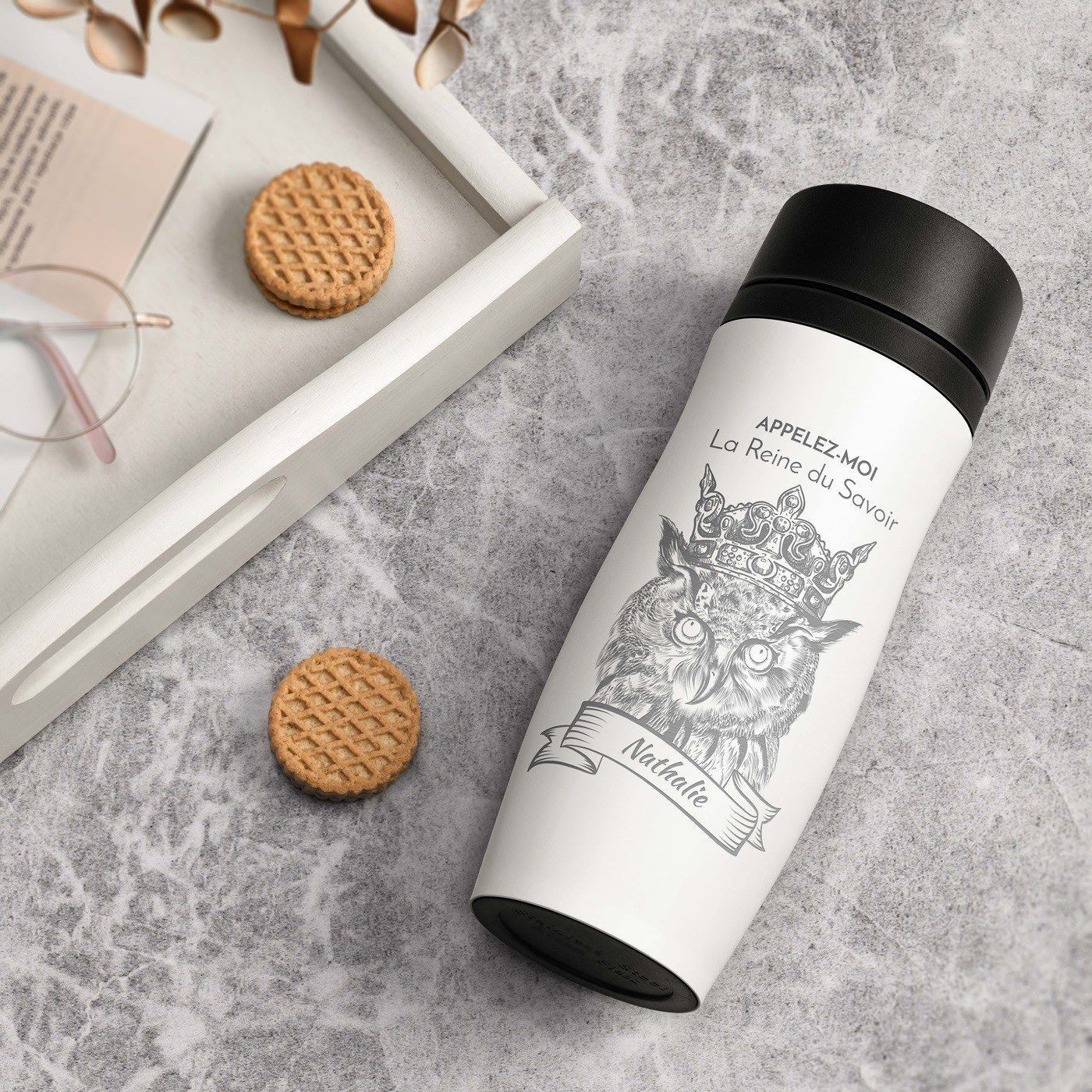 Taza de viaje Murrano - Blanco con grabado y tapa Quick-Press