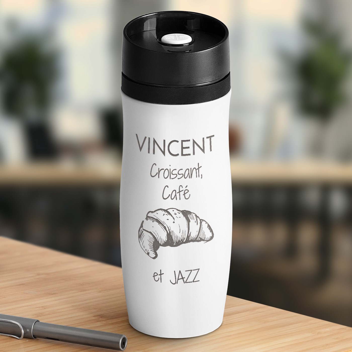 Taza de viaje personalizada Murrano con tapa Quick-Press - Blanco