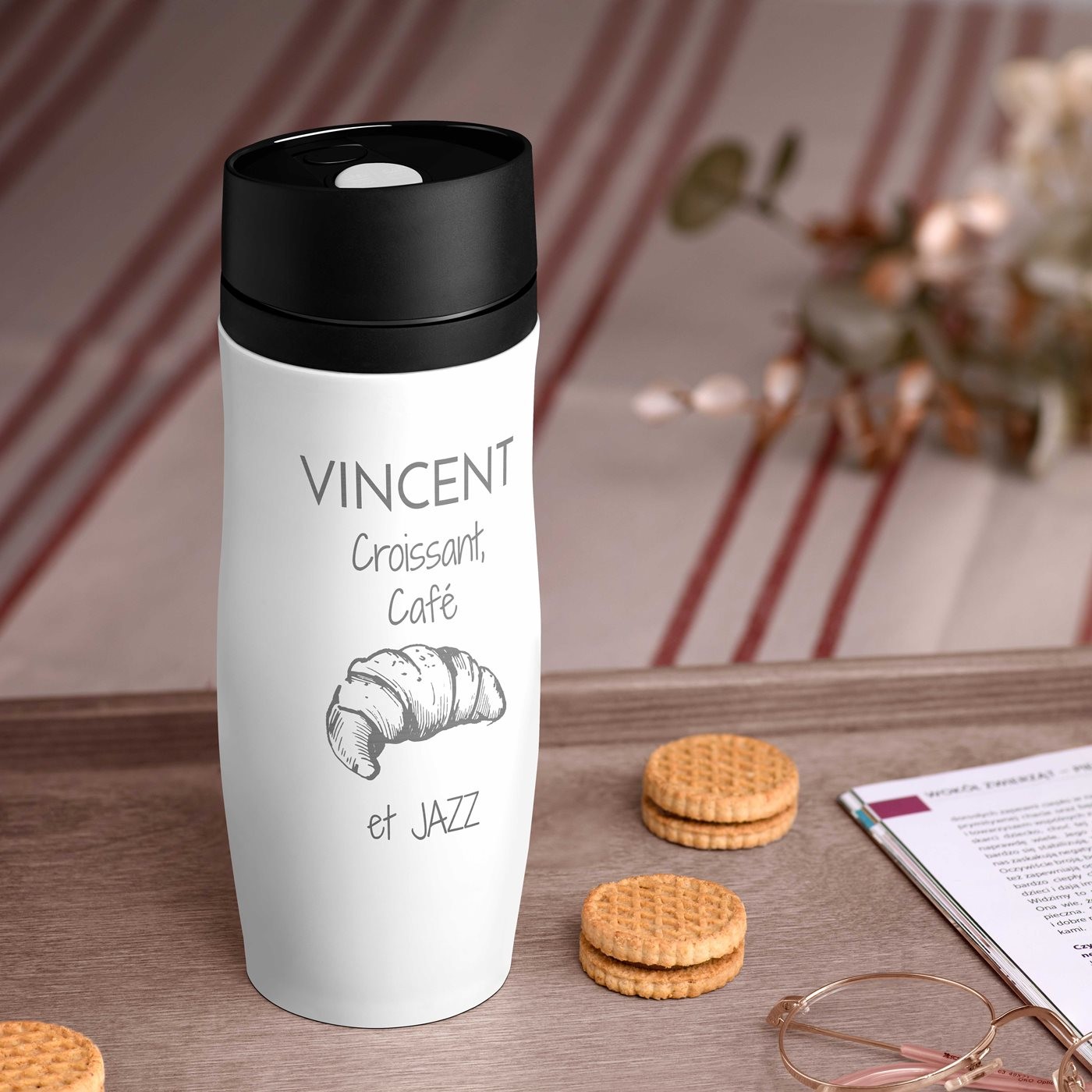 Taza de viaje personalizada Murrano con tapa Quick-Press - Blanco