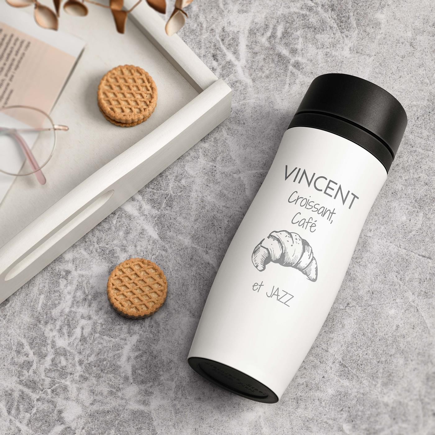 Taza de viaje personalizada Murrano con tapa Quick-Press - Blanco