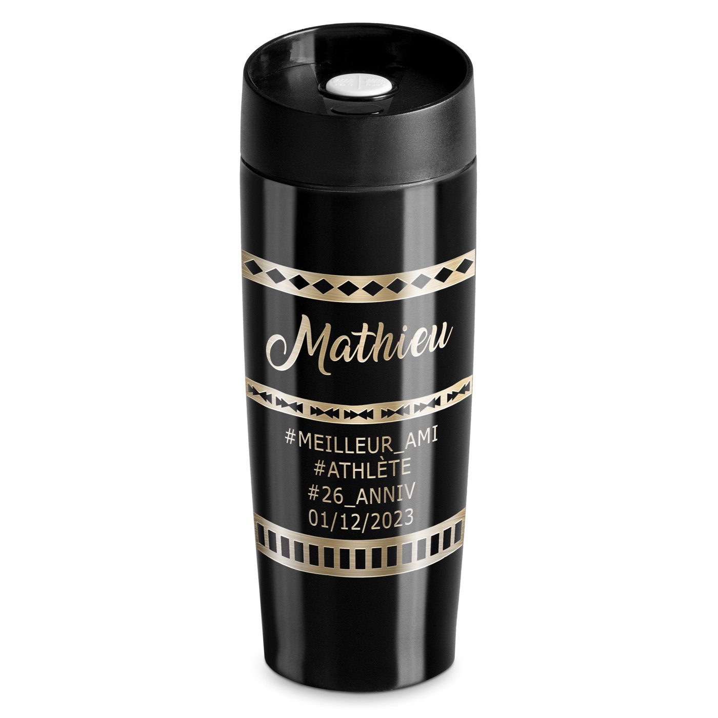 Taza de viaje Murrano personalizada - Negra con cierre Quick-Press