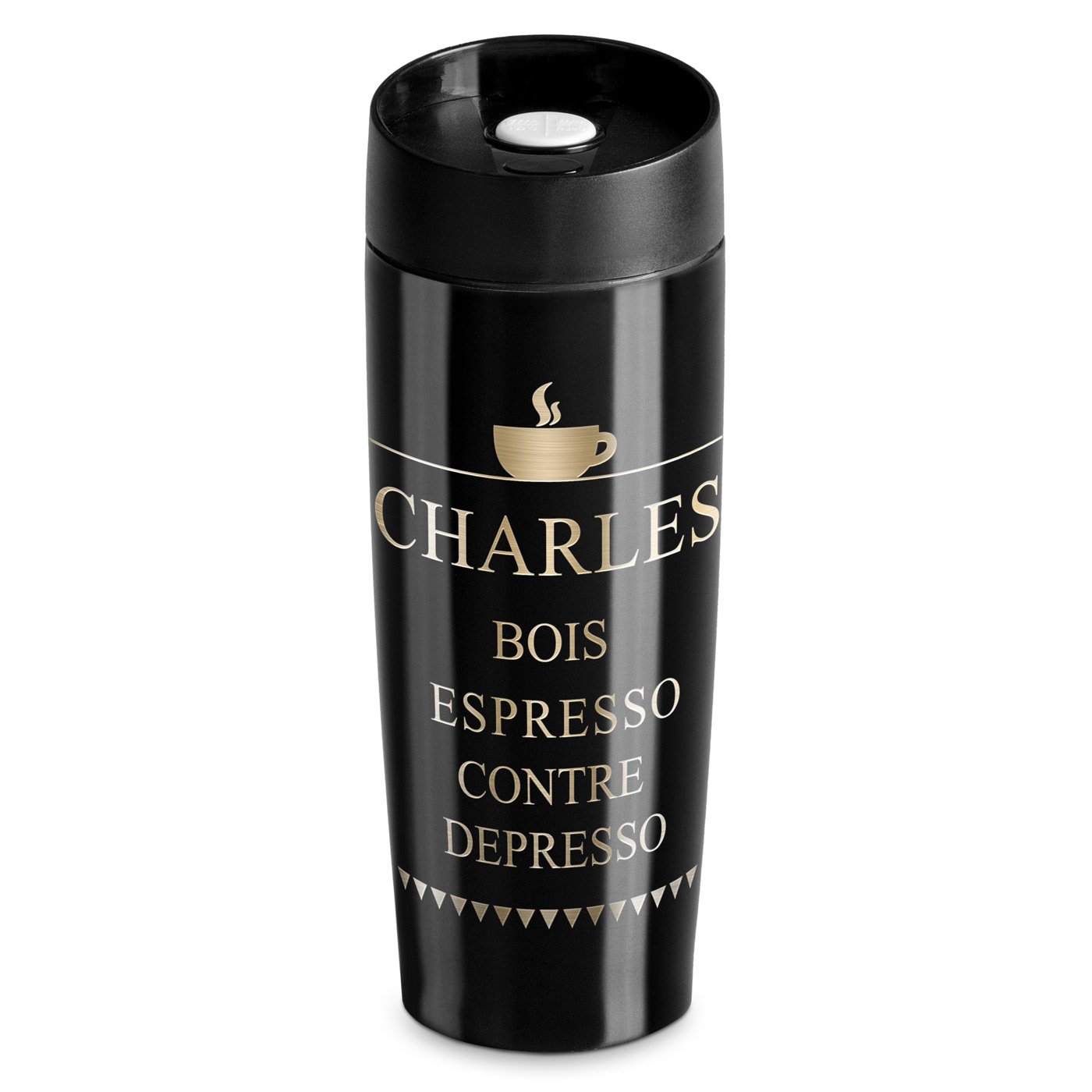 Mug Aislante Murrano - Negro con Grabado y Tapa Quick-Press