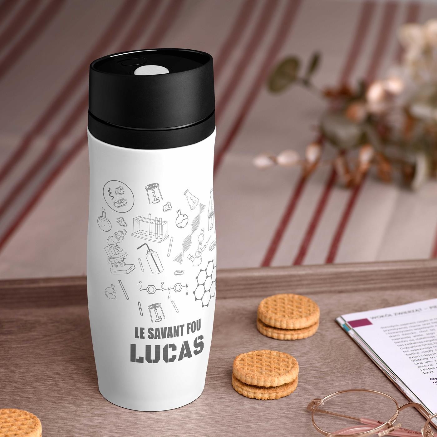 Taza de viaje Murrano - Blanco con grabado y tapa Quick-Press
