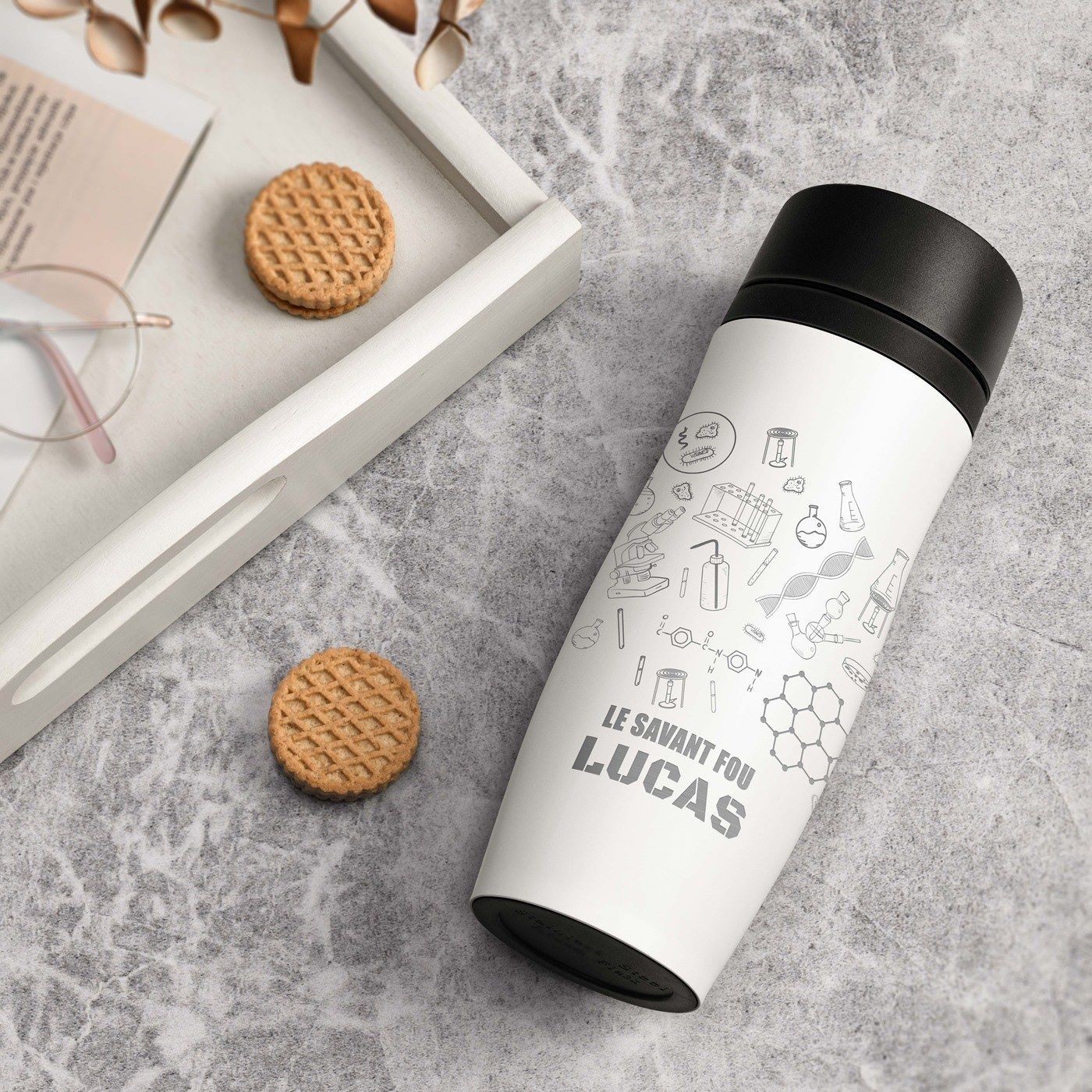 Taza de viaje Murrano - Blanco con grabado y tapa Quick-Press