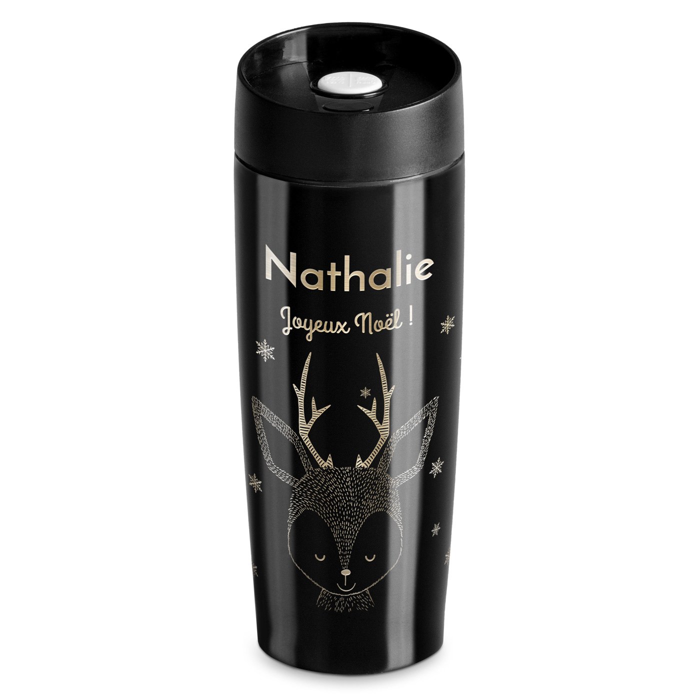 Taza aislante Murrano - Negra con grabado y tapa con cierre rápido (350 ml)