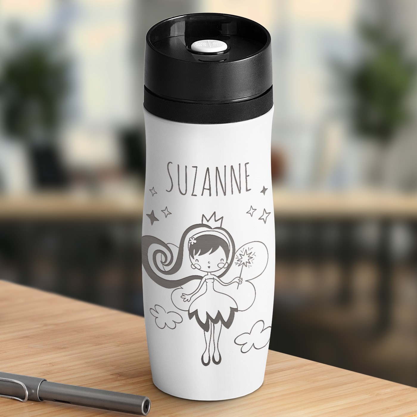 Taza de viaje Murrano - Blanca con grabado y tapa de cierre rápido