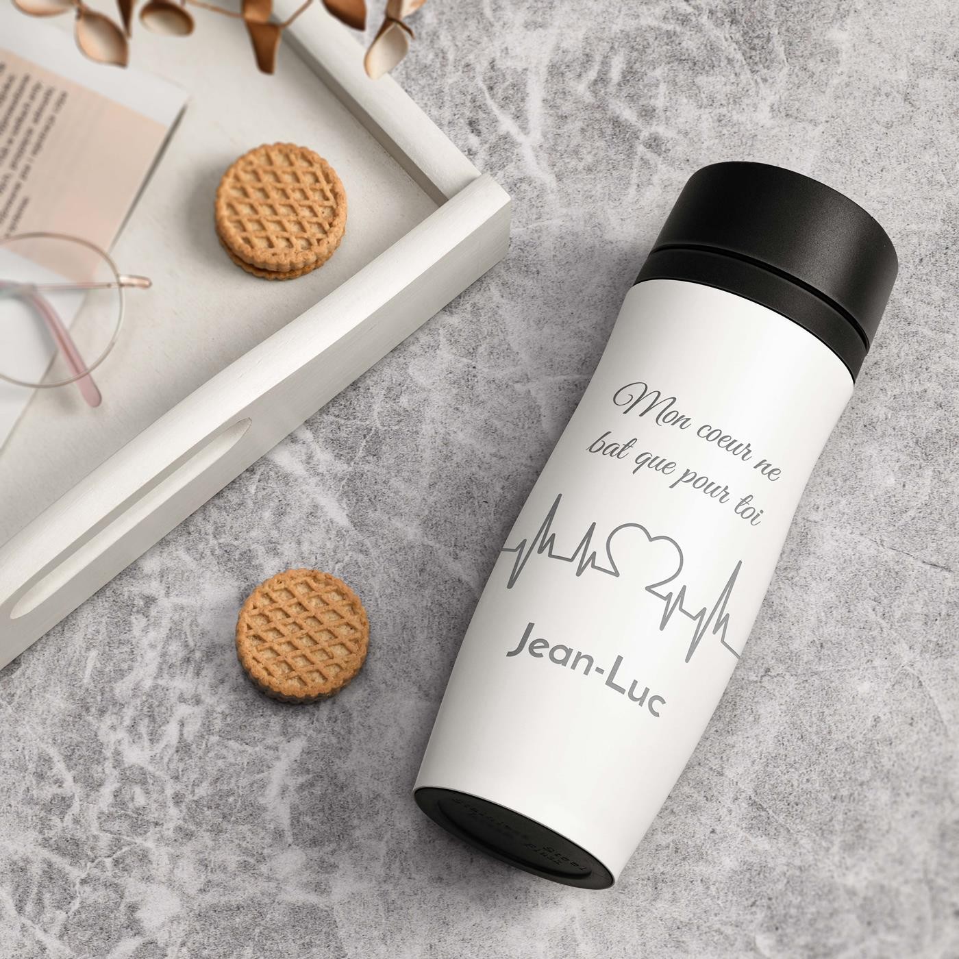 Mug térmico Murrano blanco con grabado y tapa de bloqueo rápido para el Día de San Valentín, regalo para mujer