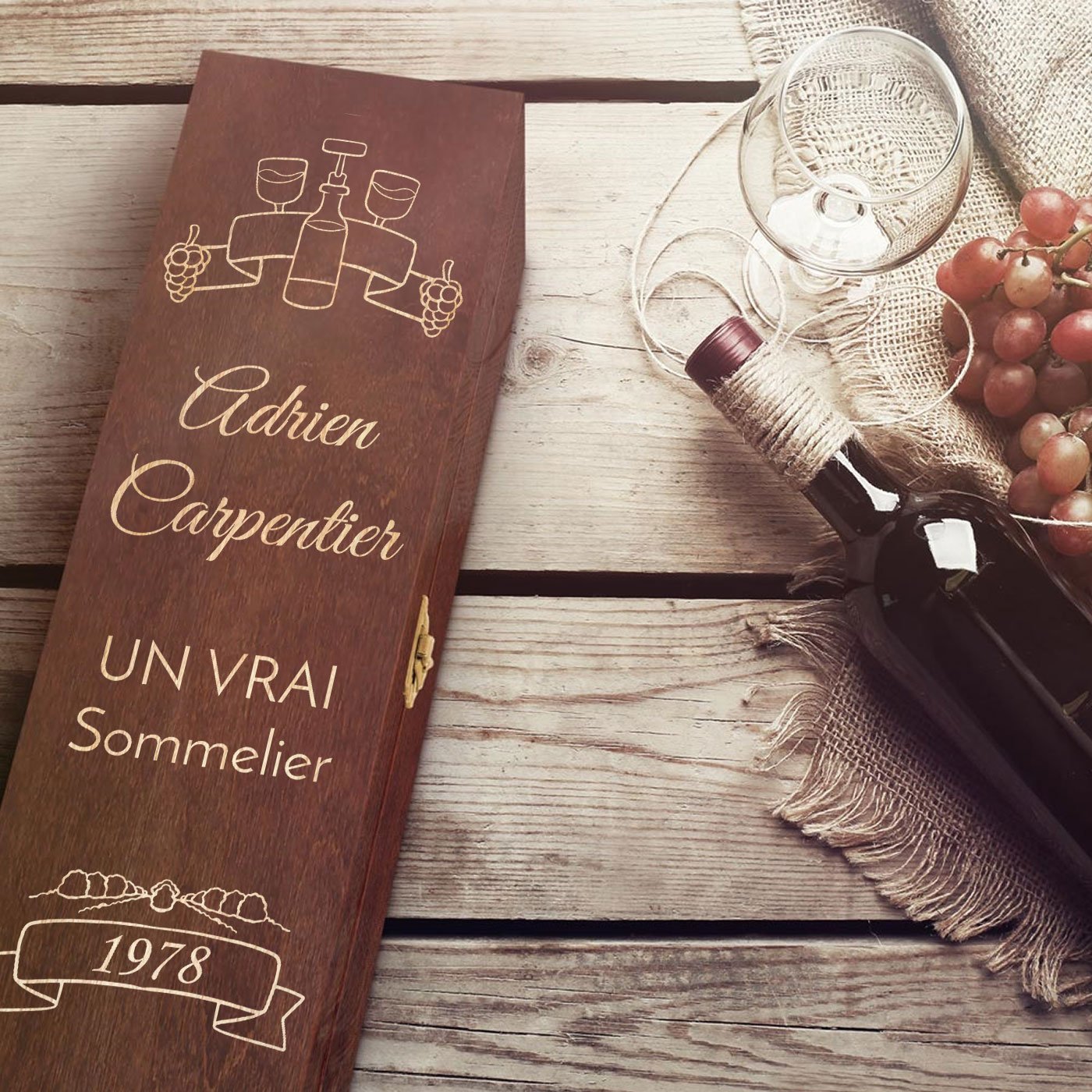 Caja de vino de madera Murrano con grabado para 1 botella - Regalo de cumpleaños para chef