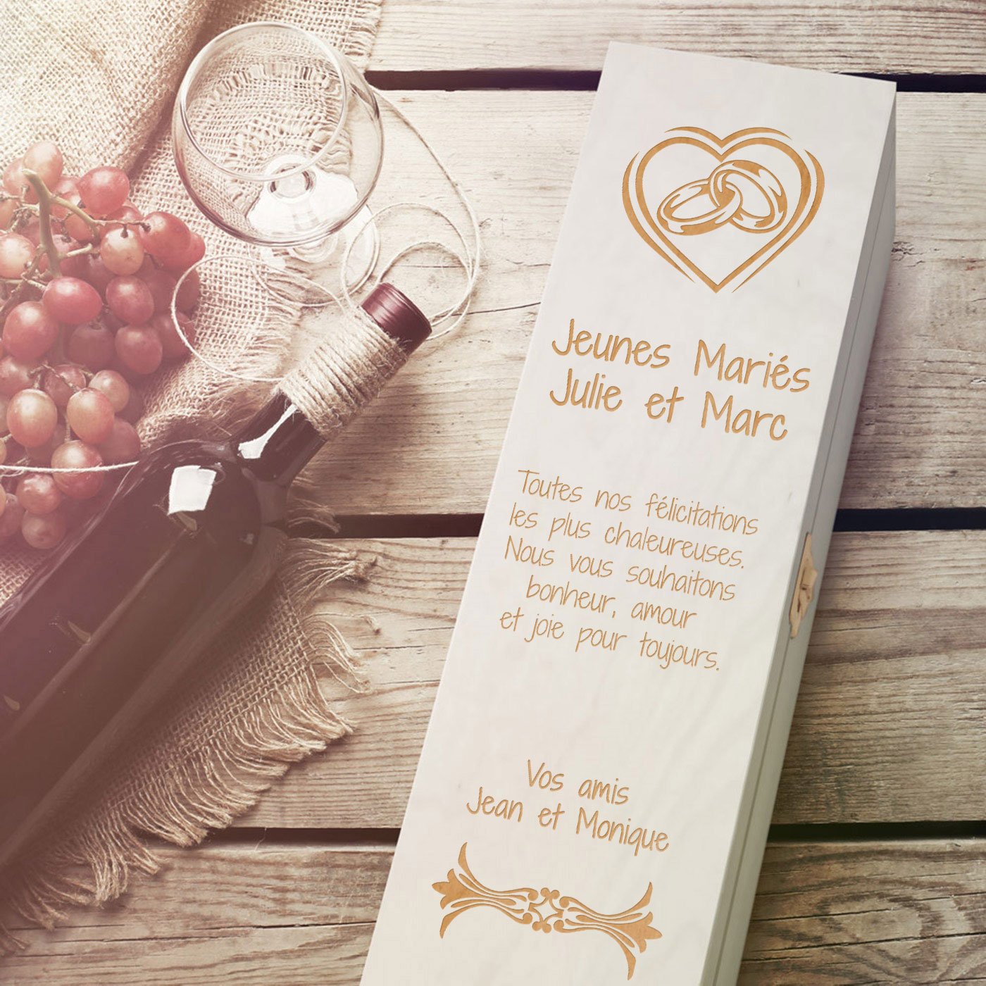 Caja de vino personalizada Murrano para 1 botella - Para recién casados
