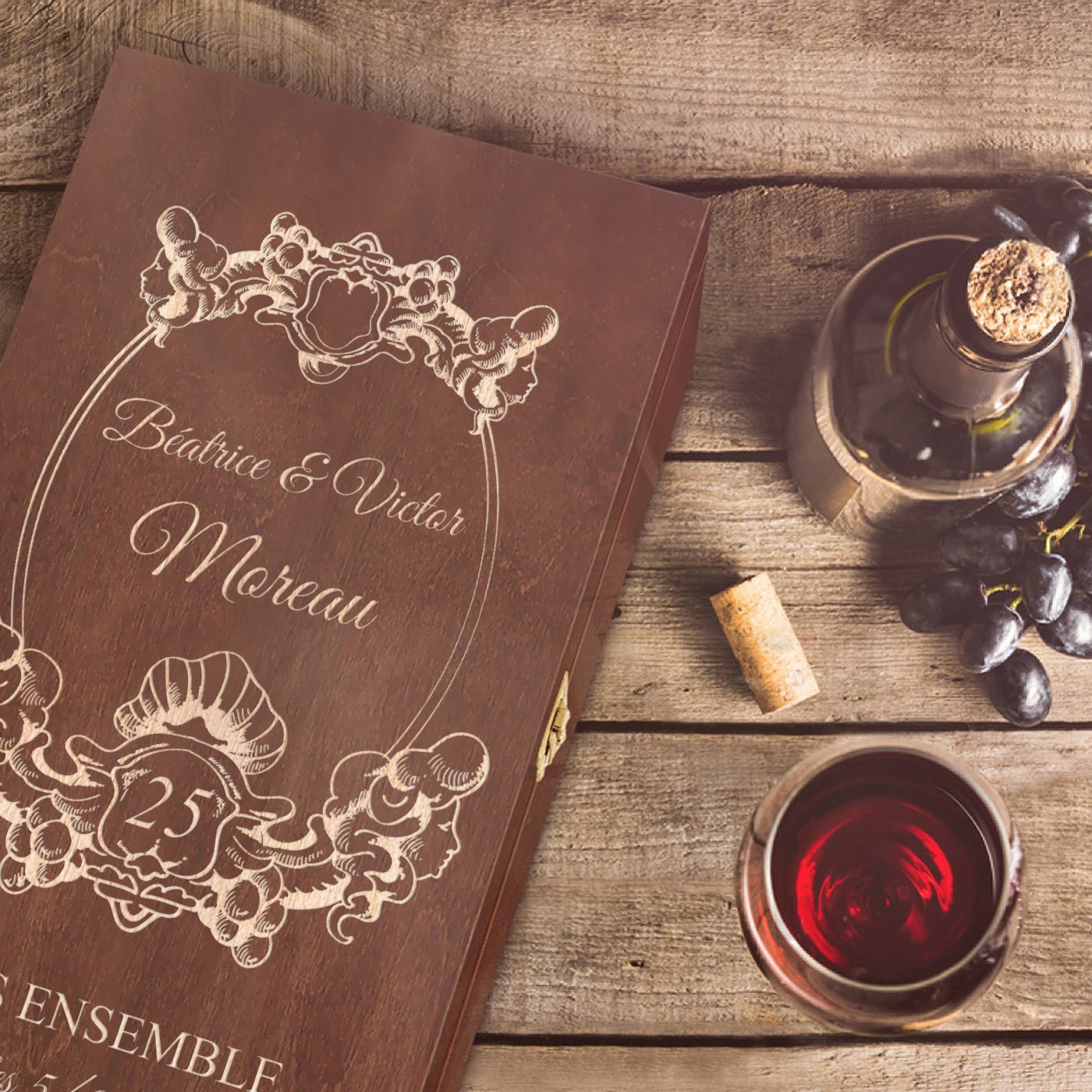 Murrano Wooden Wine Box with Engraving for 2 Bottles - Silver Wedding Gift for a Couple