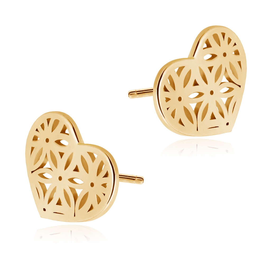 Aretes de oro de 8 quilates en forma de corazón con diseño floral