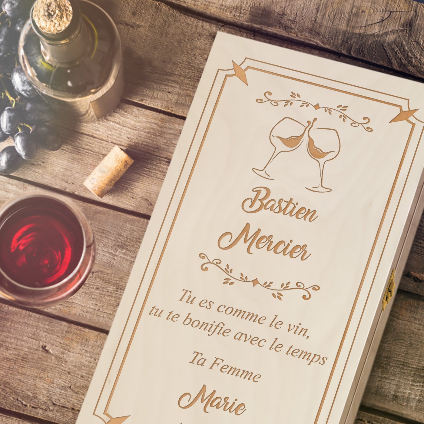 Murrano Personalized Wood Wine Box for 2 Bottles - Anniversary Gift for Husband