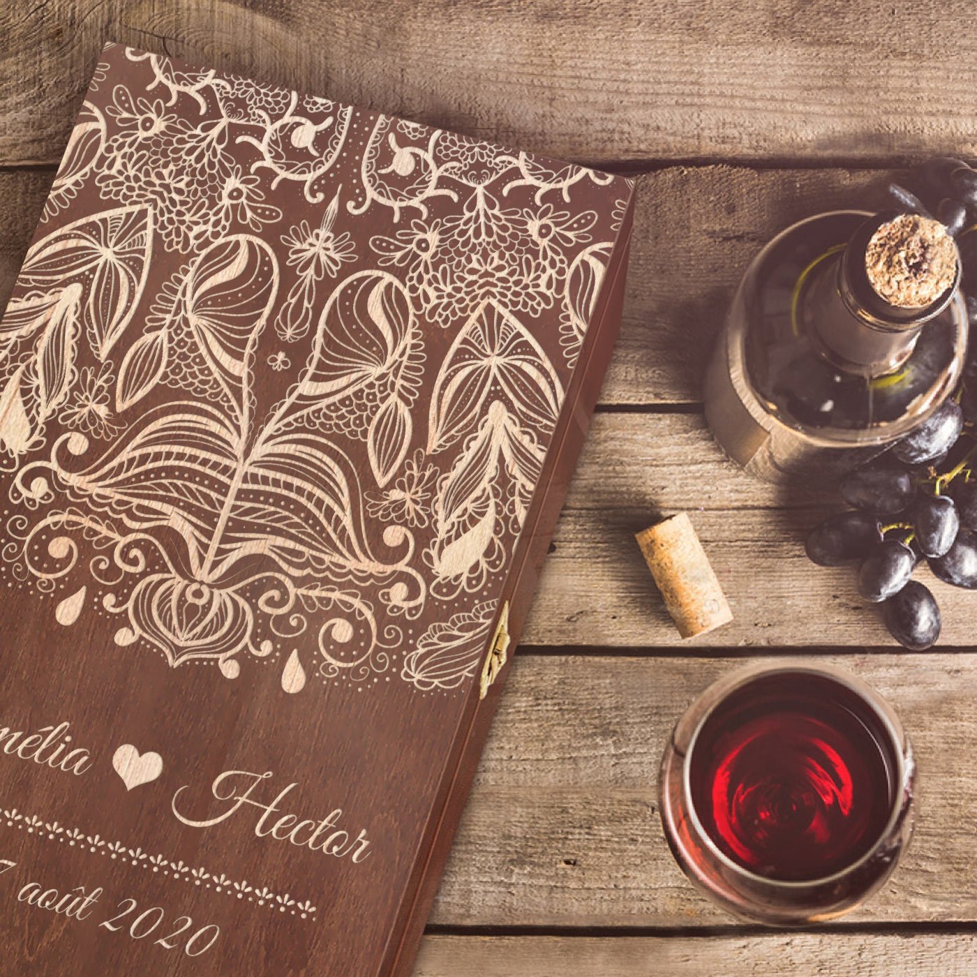 Murrano Personalized Wood Wine Box for 2 Bottles - Bride and Groom