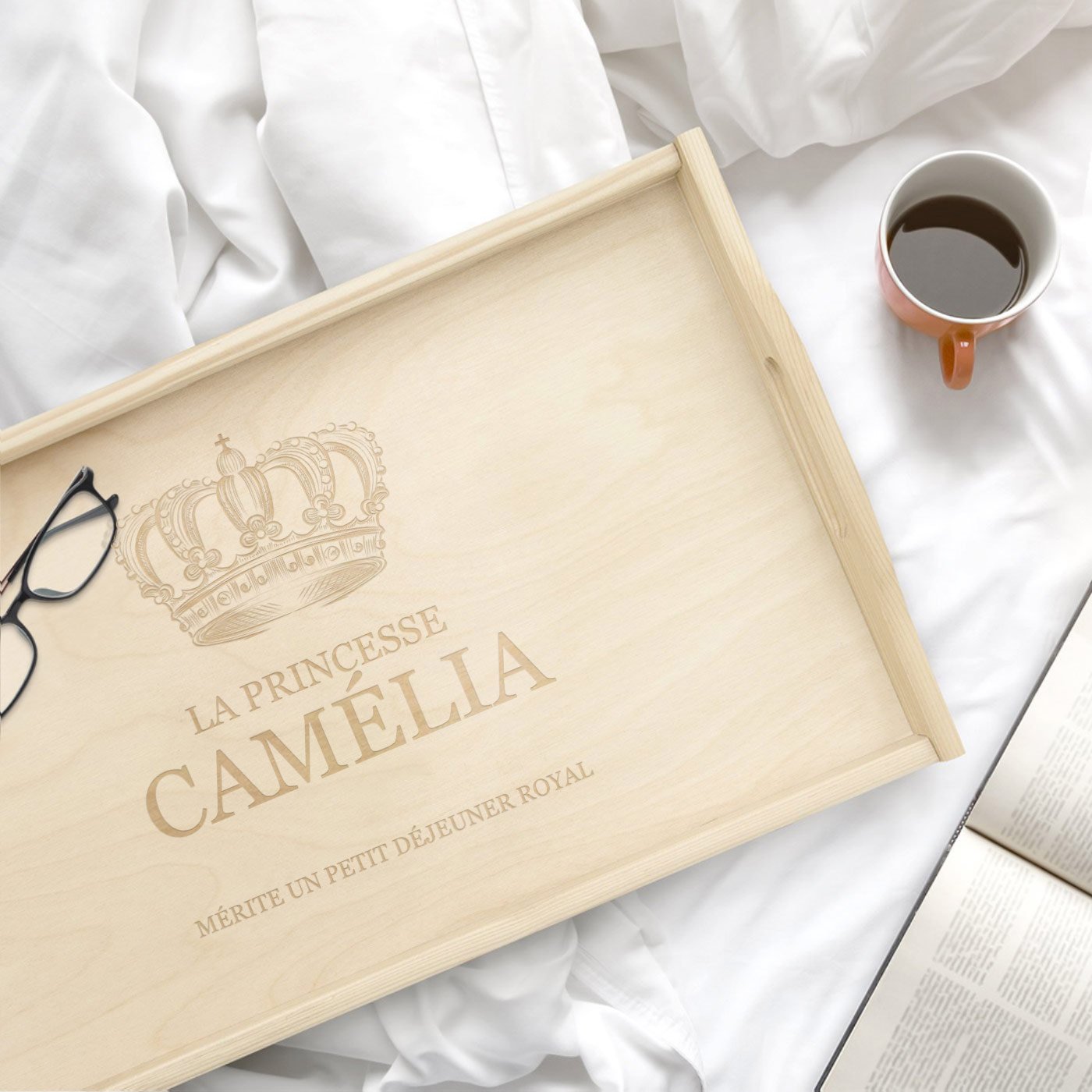 Traya de cama de madera natural personalizada Murrano