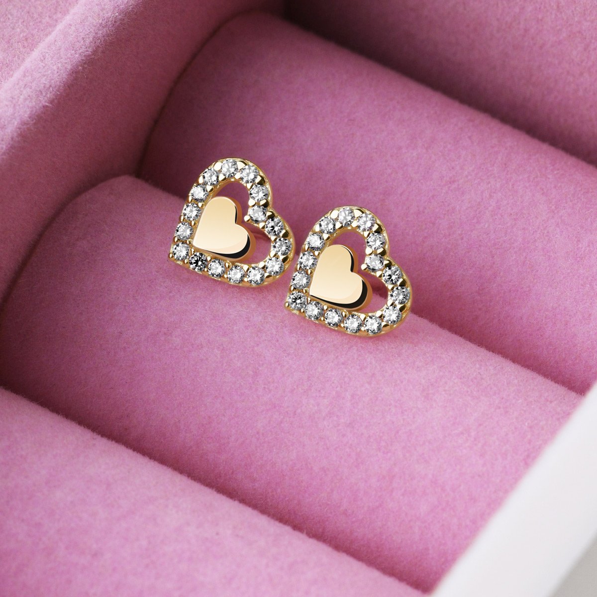 Aretes de corazón de oro de 14 quilates con caja personalizada - Regalo de compromiso
