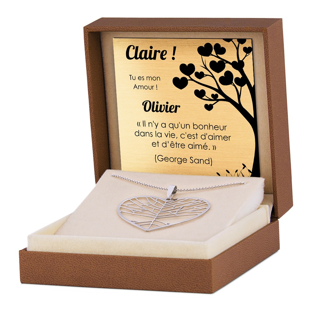 Collar de corazón de plata de ley Murrano con grabado