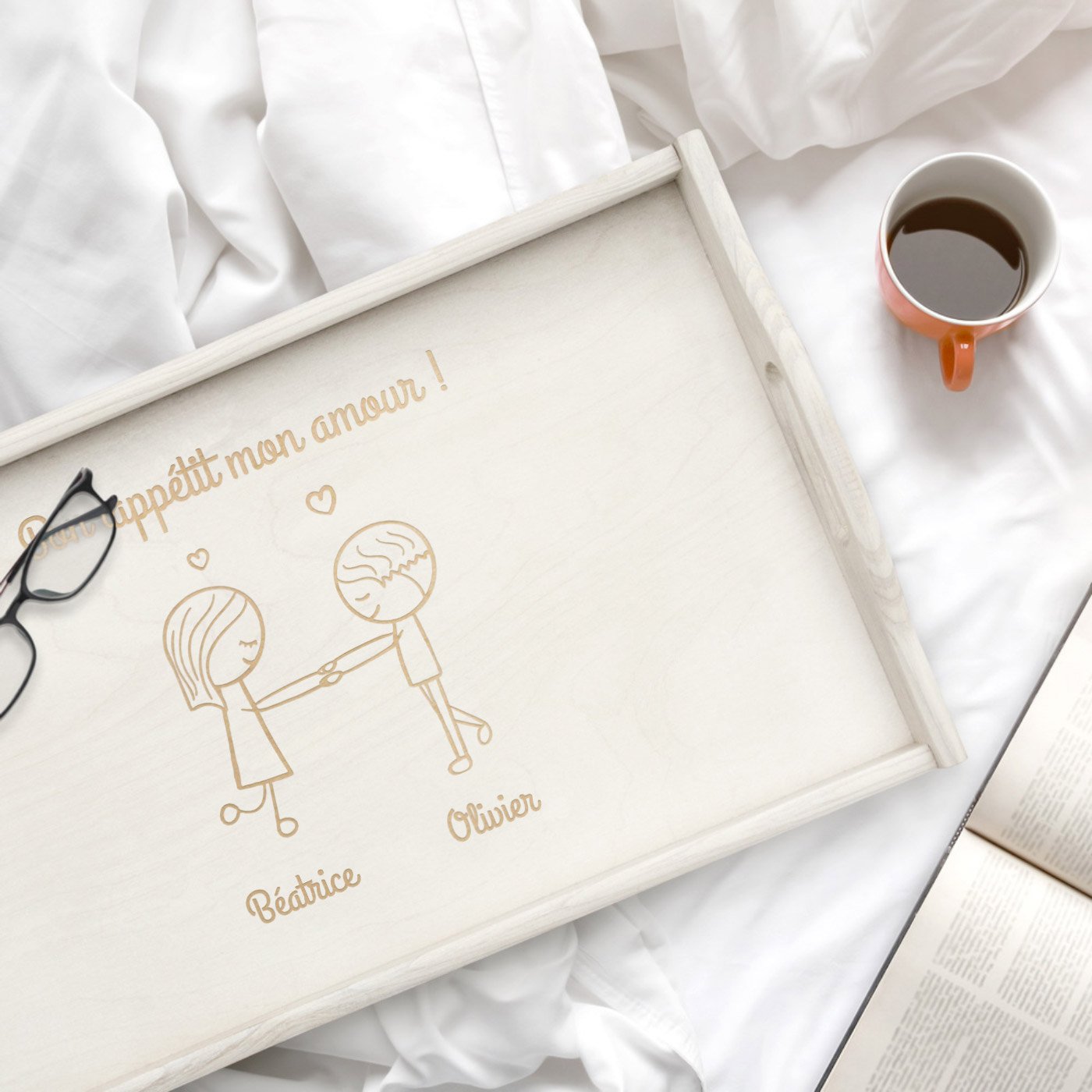 Bandeja de cama plegable personalizada Murrano para una pareja boda