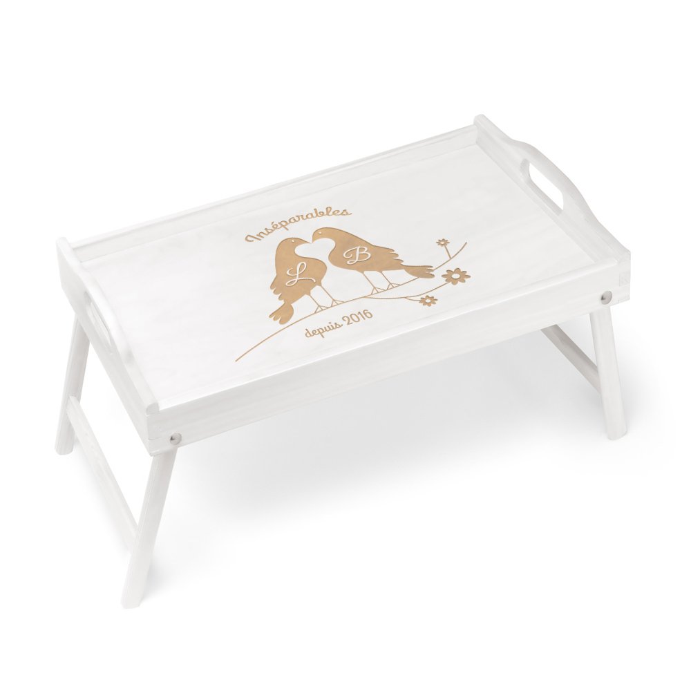 Tabla de cama plegable de madera Murrano con grabado para una pareja para el aniversario de bodas