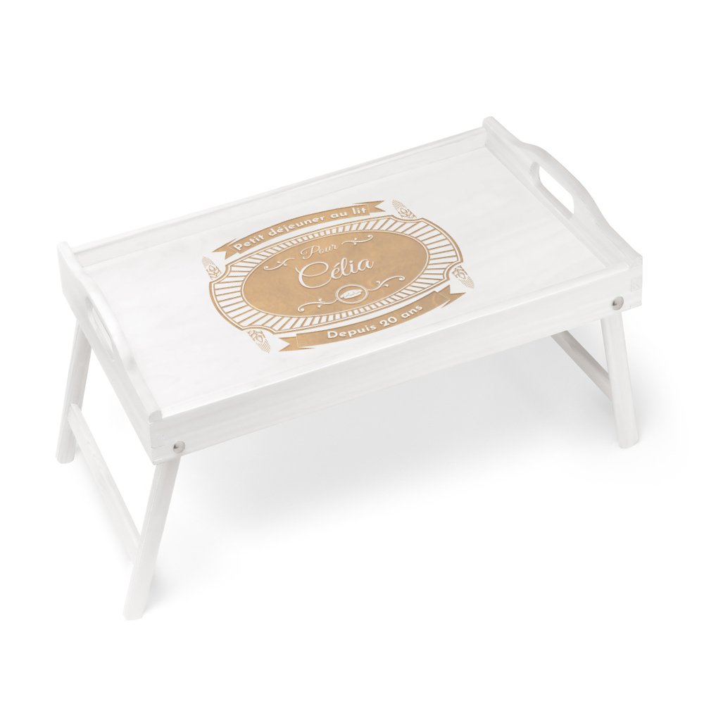 Bandeja de cama plegable de madera Murrano con grabado para aniversario de bodas de plata
